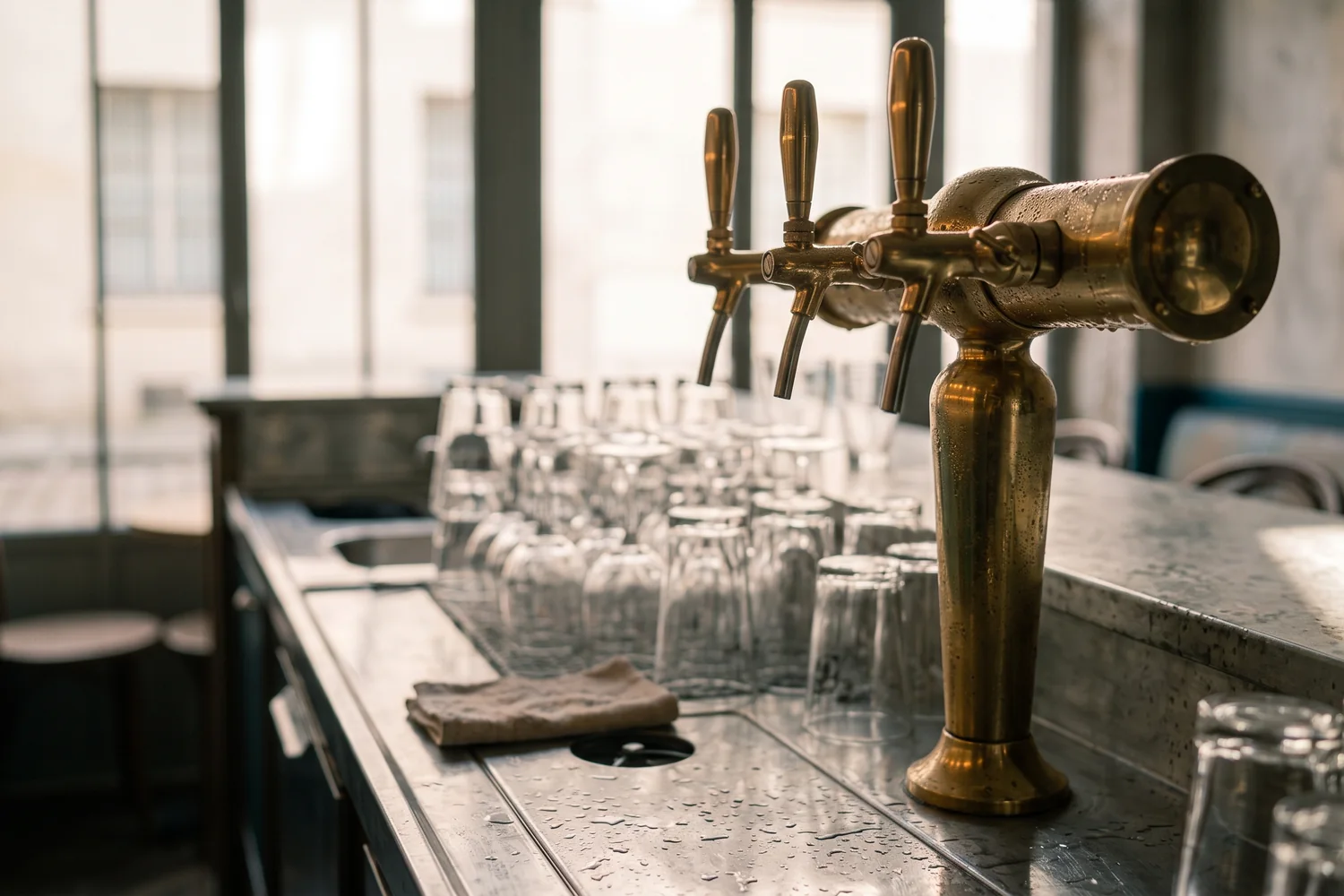 Détail de tireuses à bière en laiton sur un comptoir de zinc, verrerie empilée en arrière-plan