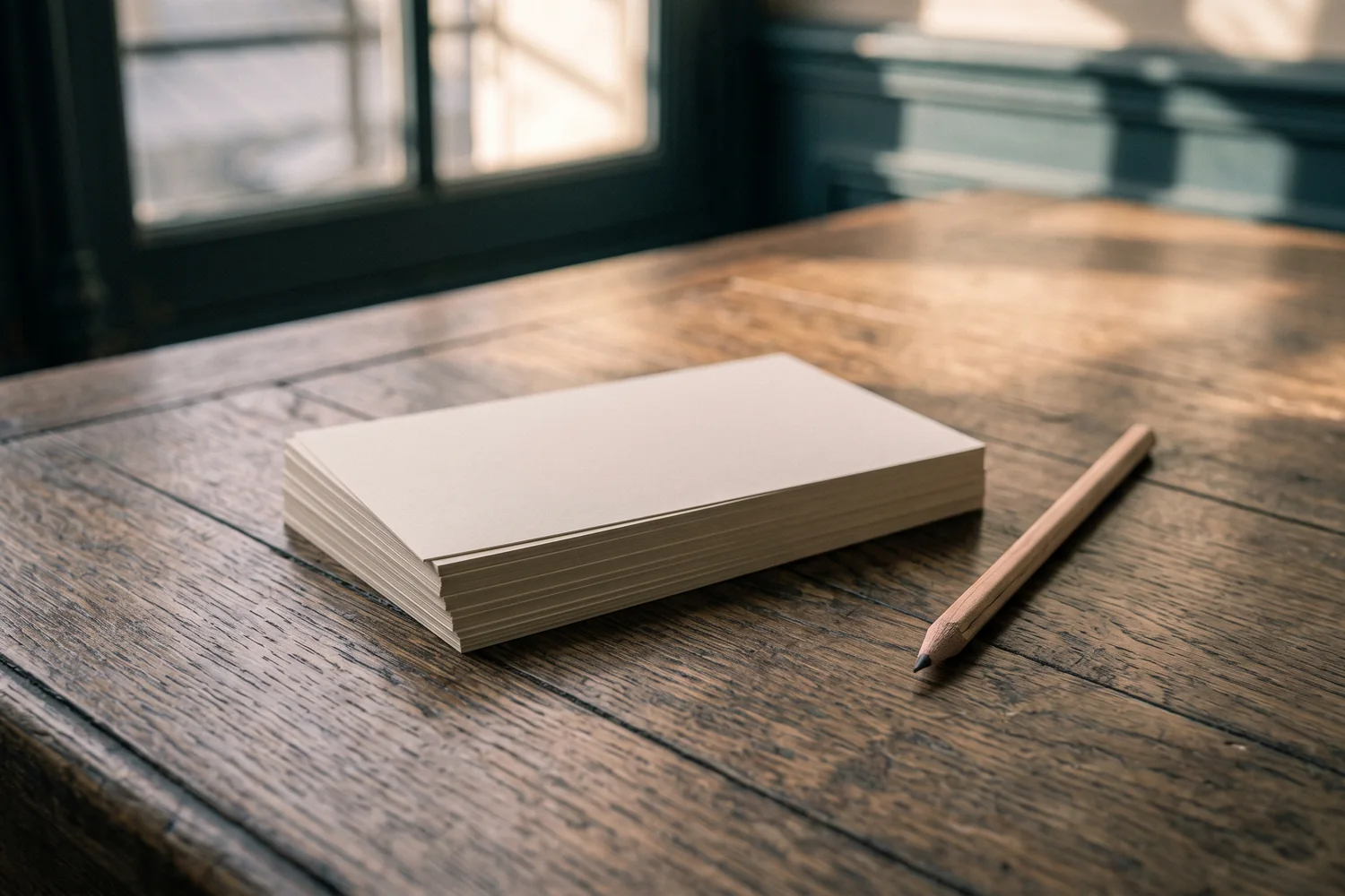 Pile de fiches cartonnées vierges et crayon posés sur un bureau en bois