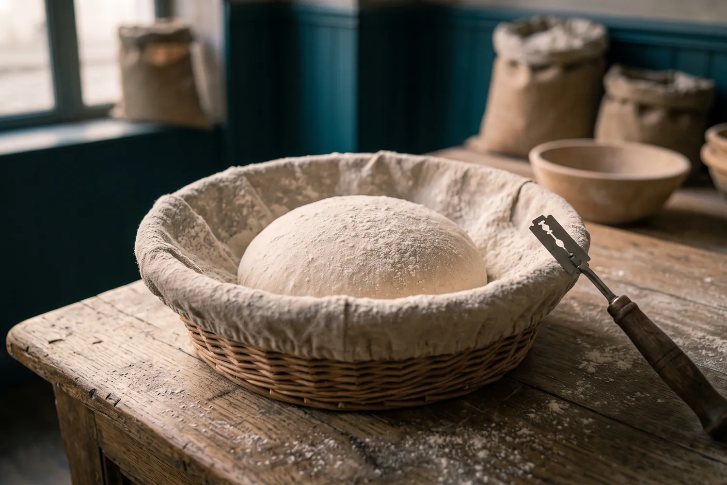 Banneton d'osier garni d'un pâton en pousse, farine sur la toile de lin et lame posée à côté