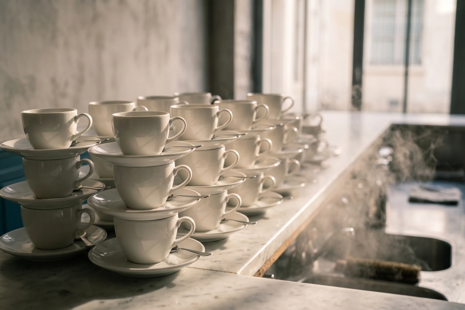 Tasses et soucoupes en porcelaine blanche empilées en rangées sur un comptoir de marbre