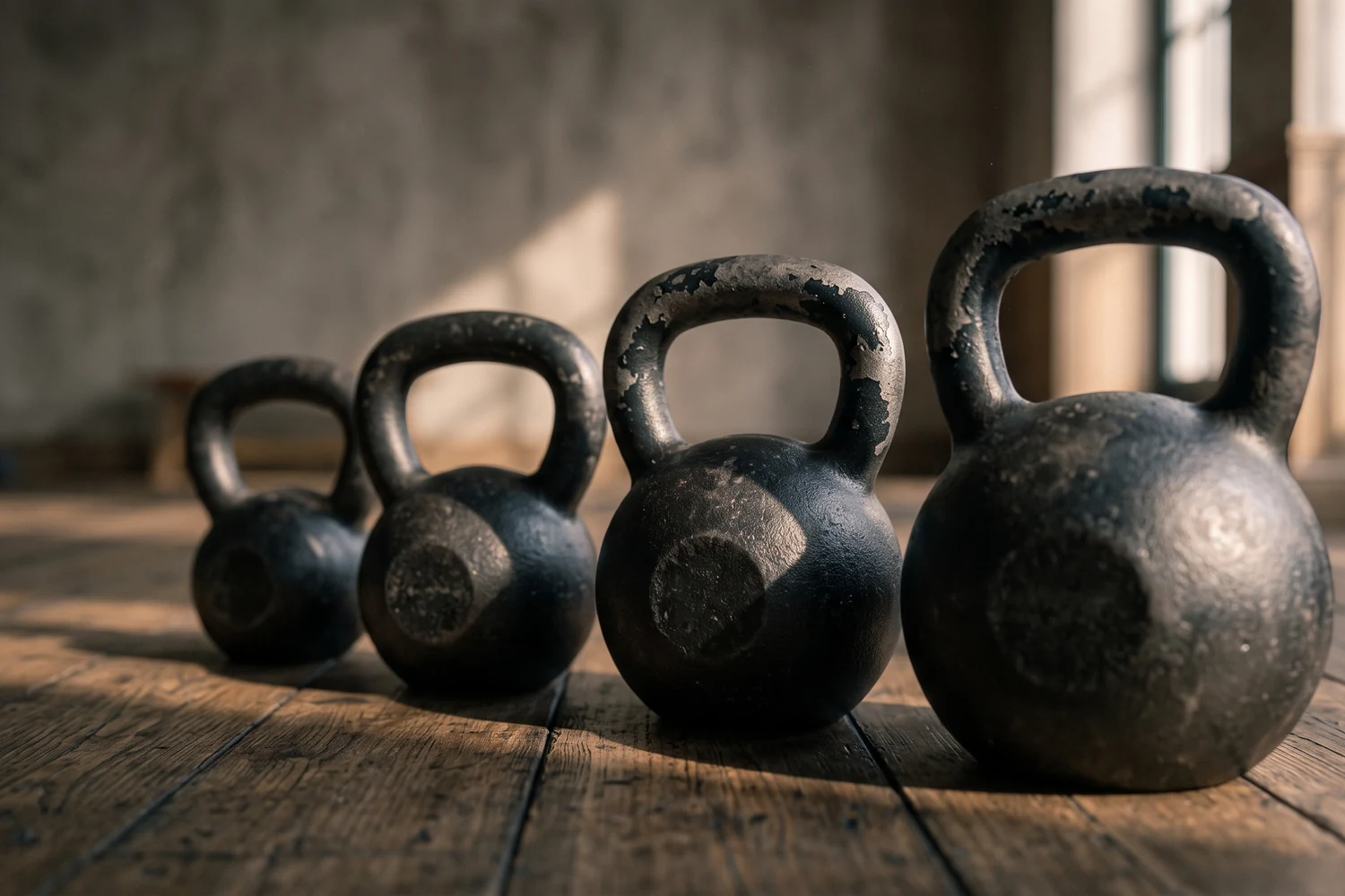 Kettlebells en fonte alignés sur un plancher de bois, peinture usée sur les poignées