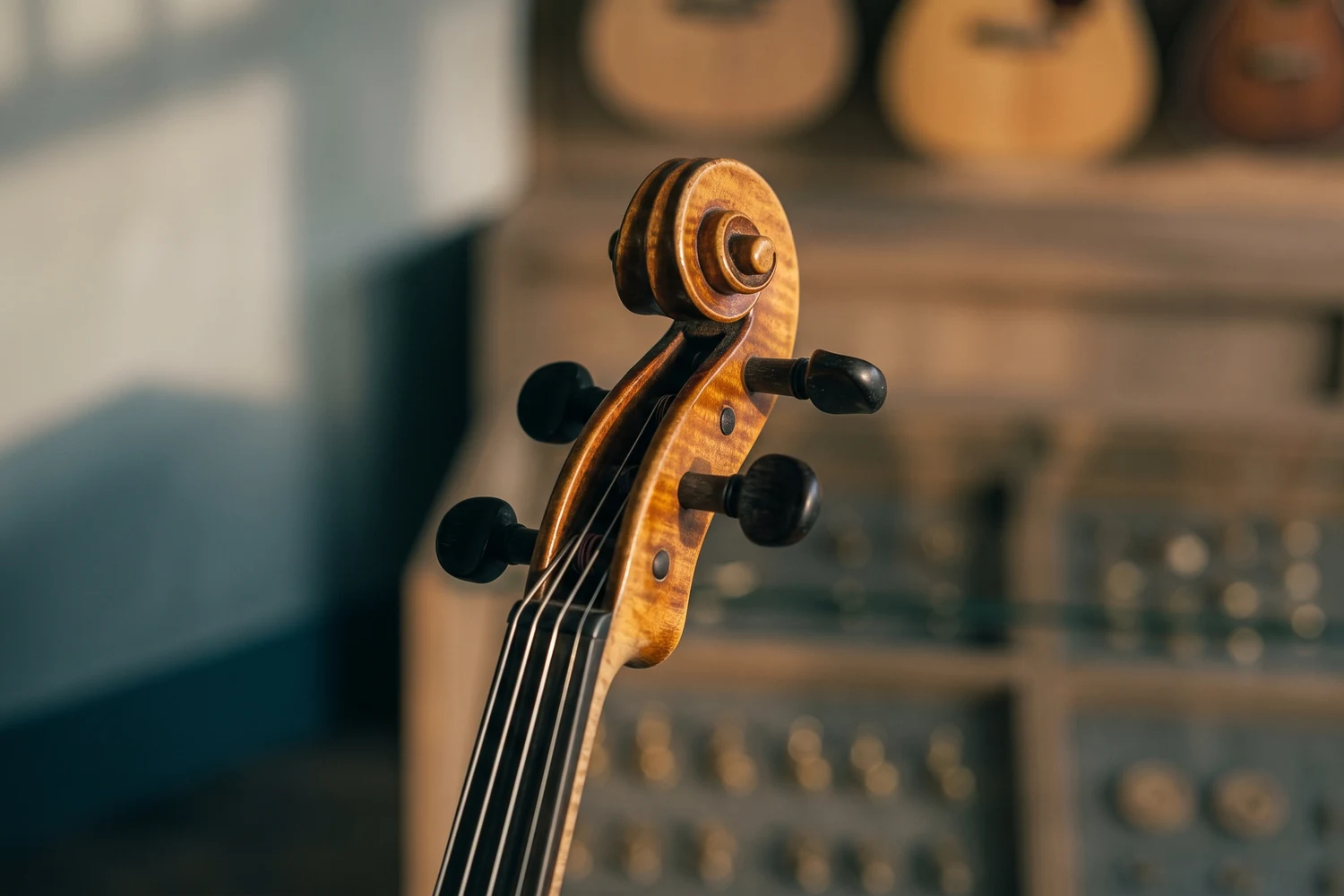 Détail d'une volute et d'un chevillier de violon, vernis capté par la lumière rasante