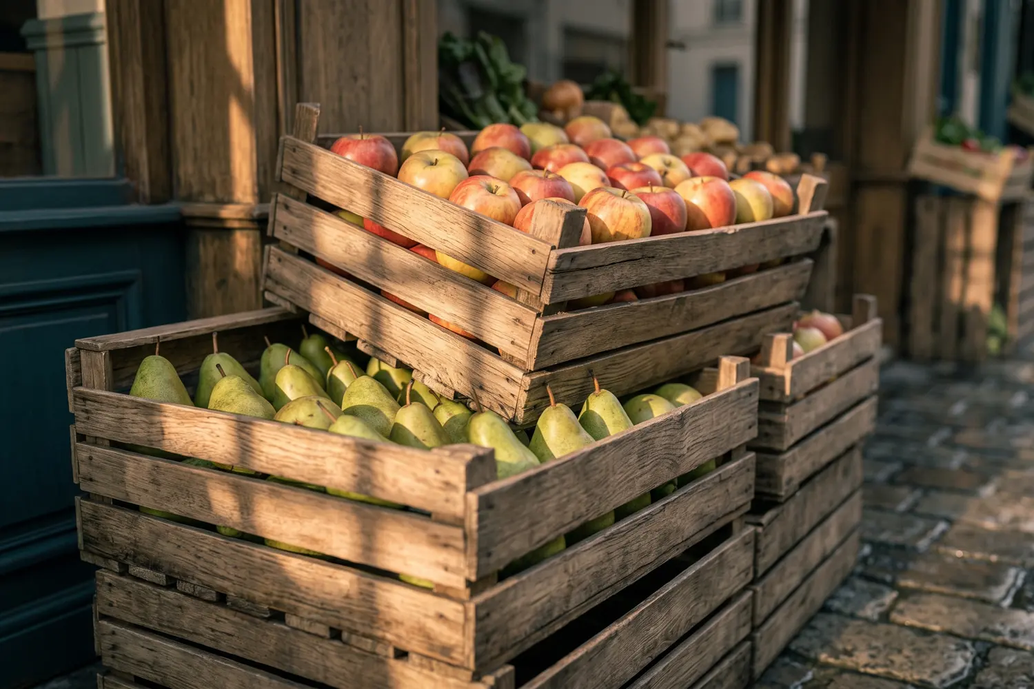 Cageots en bois remplis de pommes et de poires empilés sur un étal de marché
