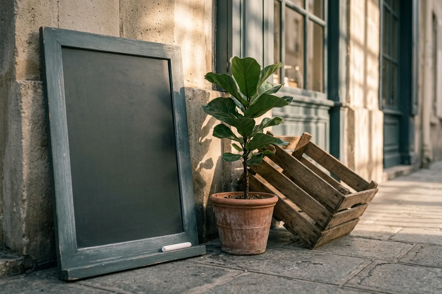 Ardoise vierge posée contre une devanture, à côté d'un cageot et d'une plante en pot