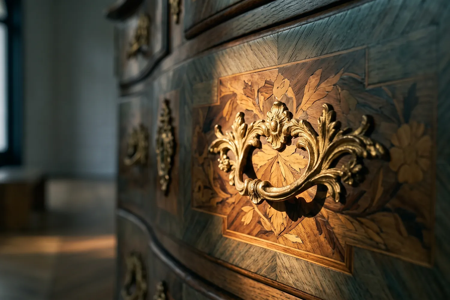 Détail d'un meuble ancien : marqueterie, patine et bronze doré en lumière rasante