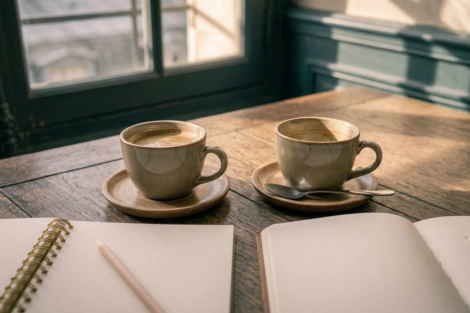 Deux tasses de café sur une table en bois, l'une pleine et l'autre vide