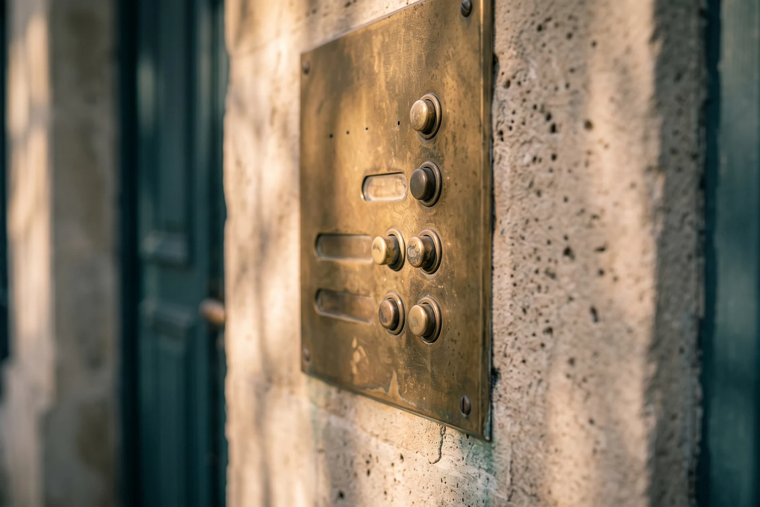 Détail d'un interphone et d'une plaque de sonnette en laiton sur une façade en pierre