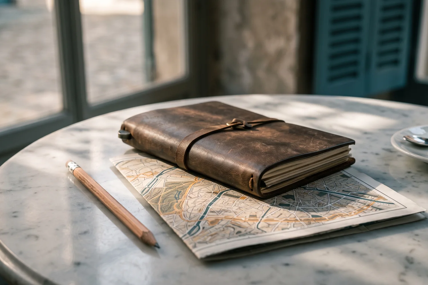 Carte pliée, carnet en cuir et crayon posés sur une table de café en marbre