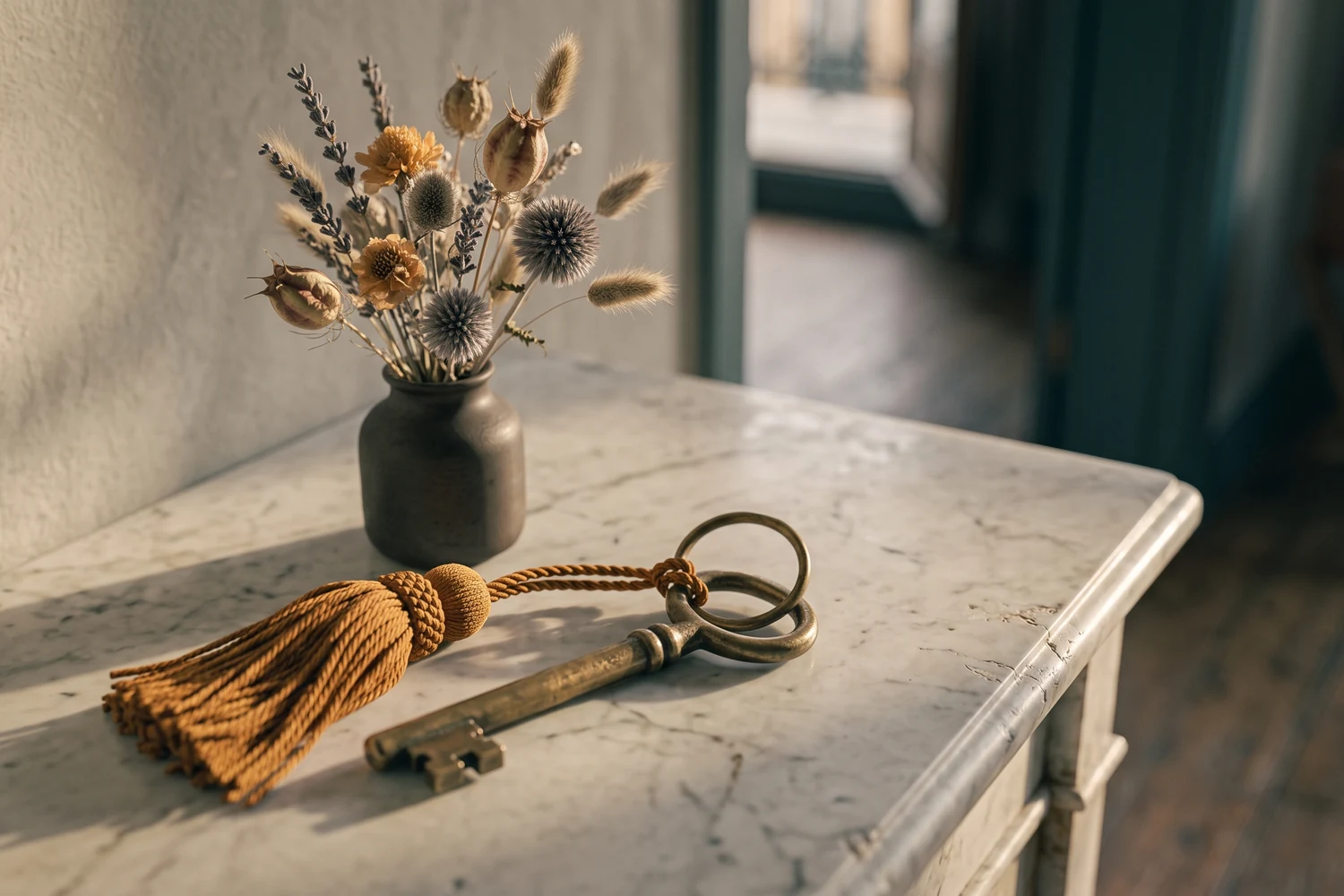 Clé en laiton avec pompon posée sur une console en marbre près d'un vase de fleurs séchées