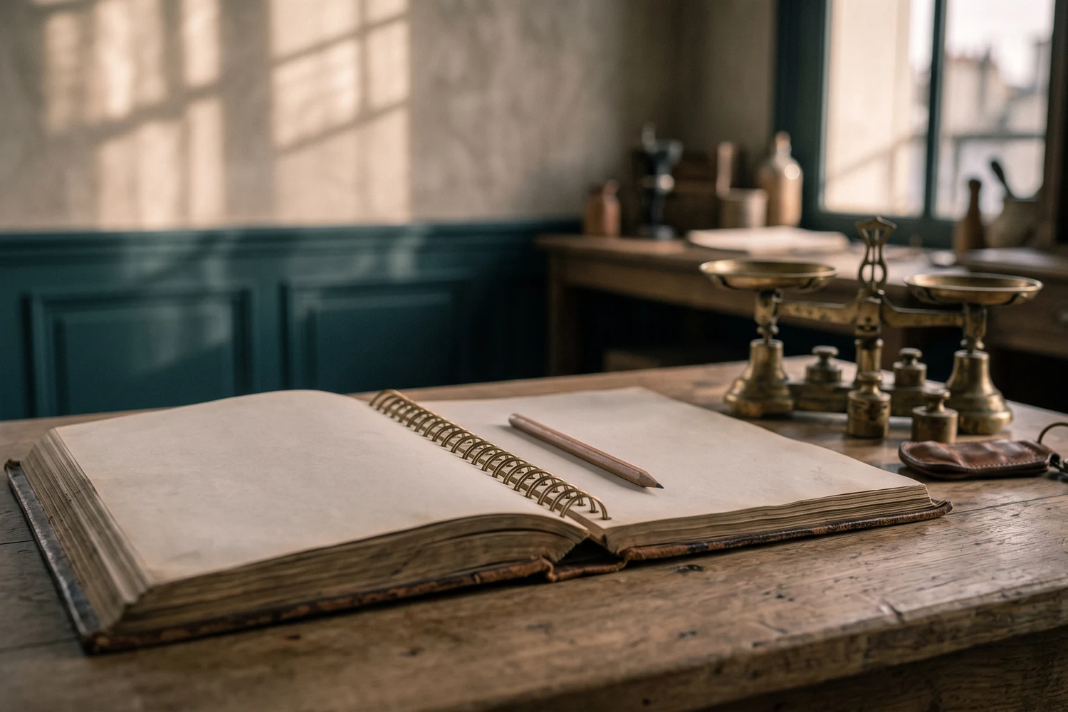 Registre ancien ouvert sur un comptoir, crayon et petite balance en laiton