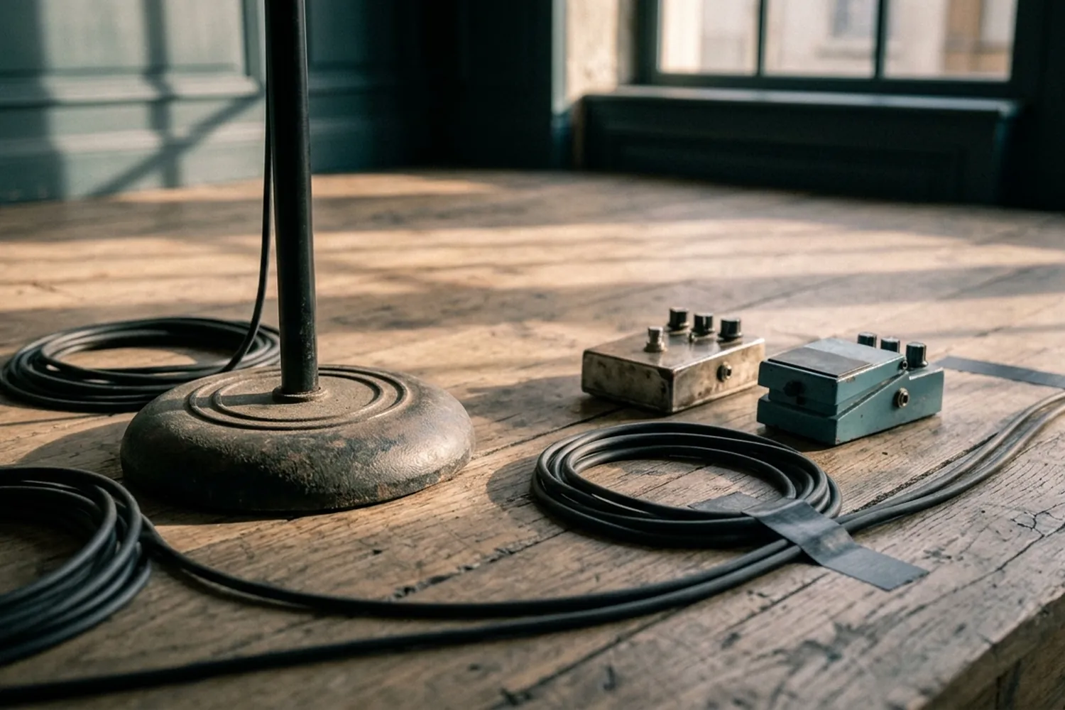 Détail d'un pied de micro, de câbles enroulés et de pédales d'effet sur un plancher de scène