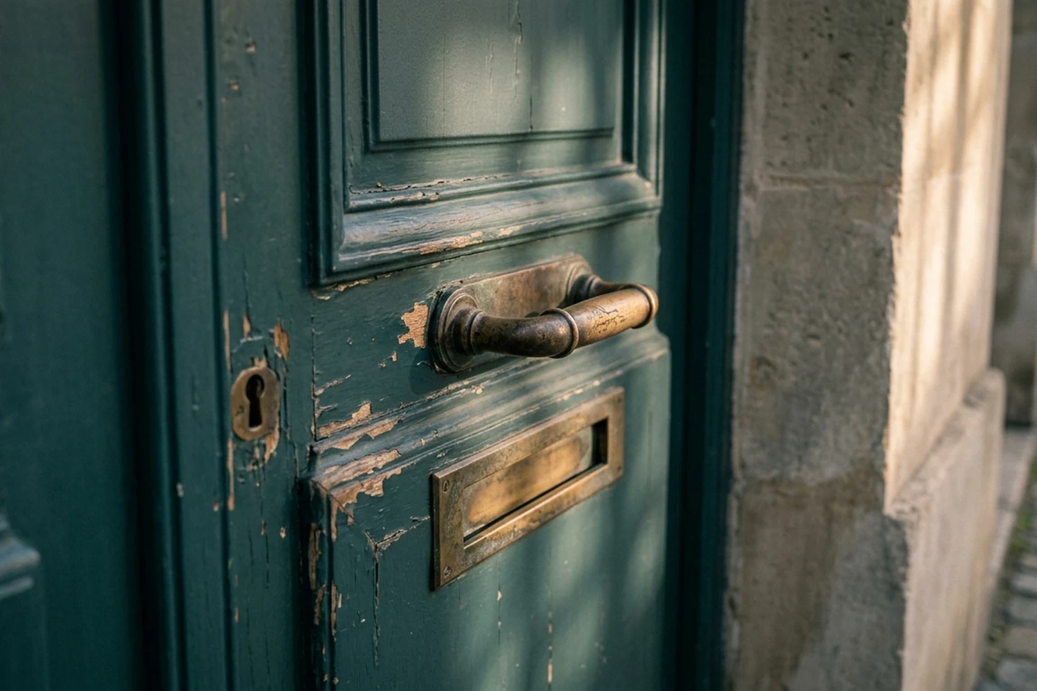 Détail d'une poignée en laiton et d'une boîte aux lettres sur une porte de commerce peinte