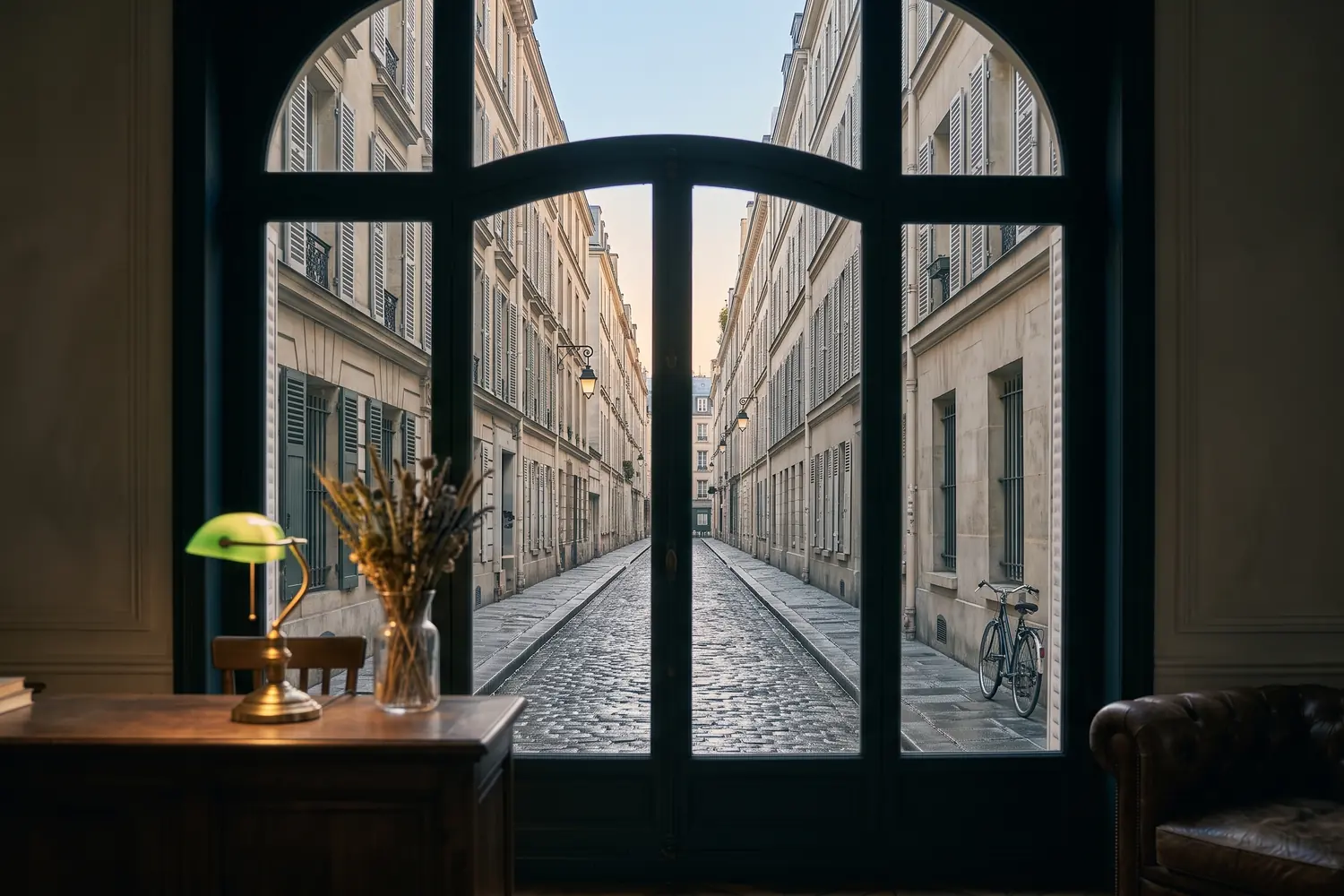 Rue parisienne au petit matin, façades calmes le long d'une voie étroite