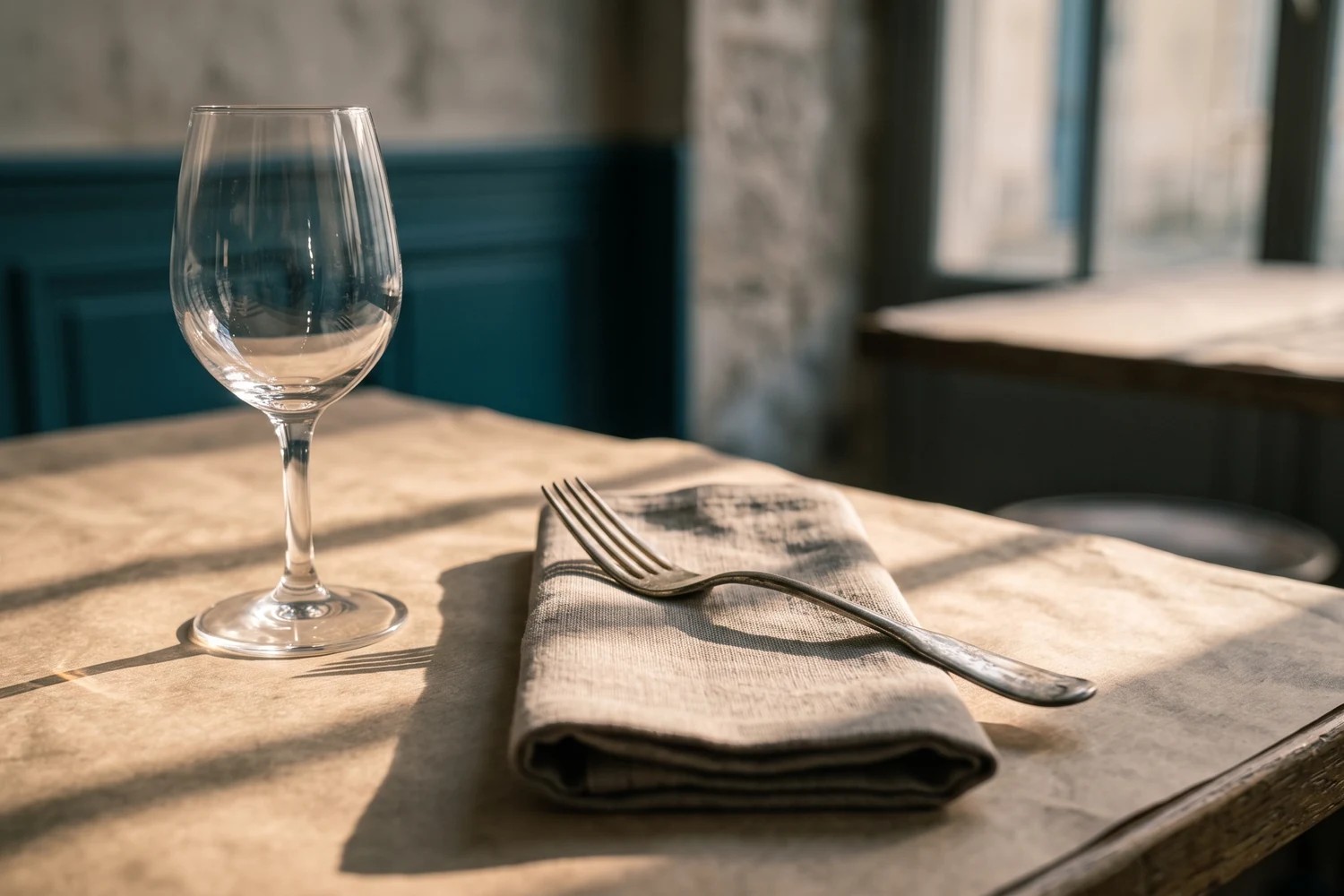 Serviette pliée, verre à vin et fourchette de bistrot sur une nappe en papier