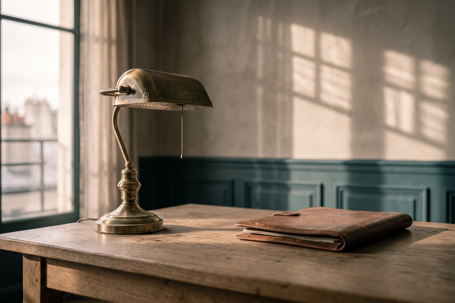 Lampe de bureau en laiton et chemise en cuir fermée sur un large plateau de chêne