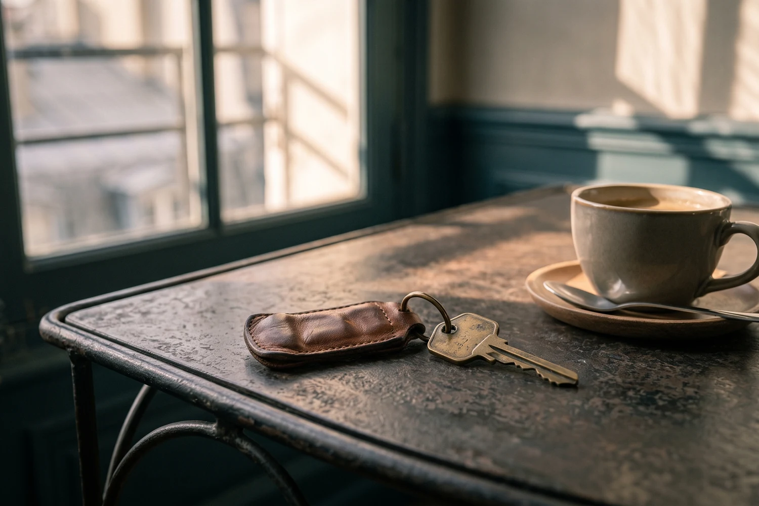 Clé de chambre en laiton avec porte-clés en cuir posée sur une table en fer forgé