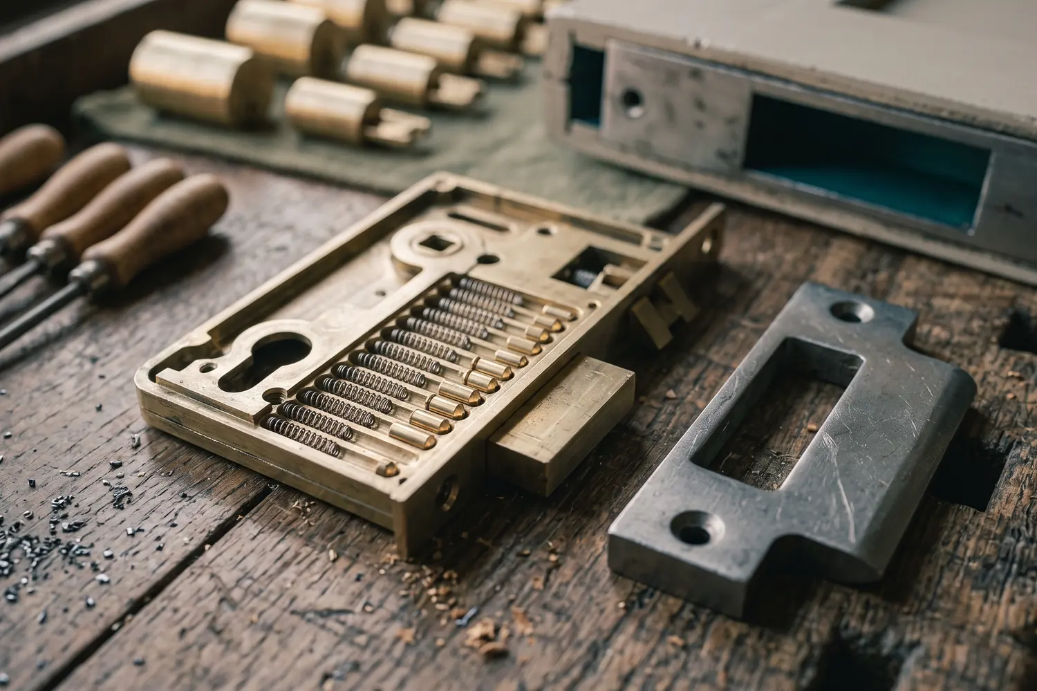 Mécanisme d'une serrure multipoints en coupe, sur un plan de travail d'atelier