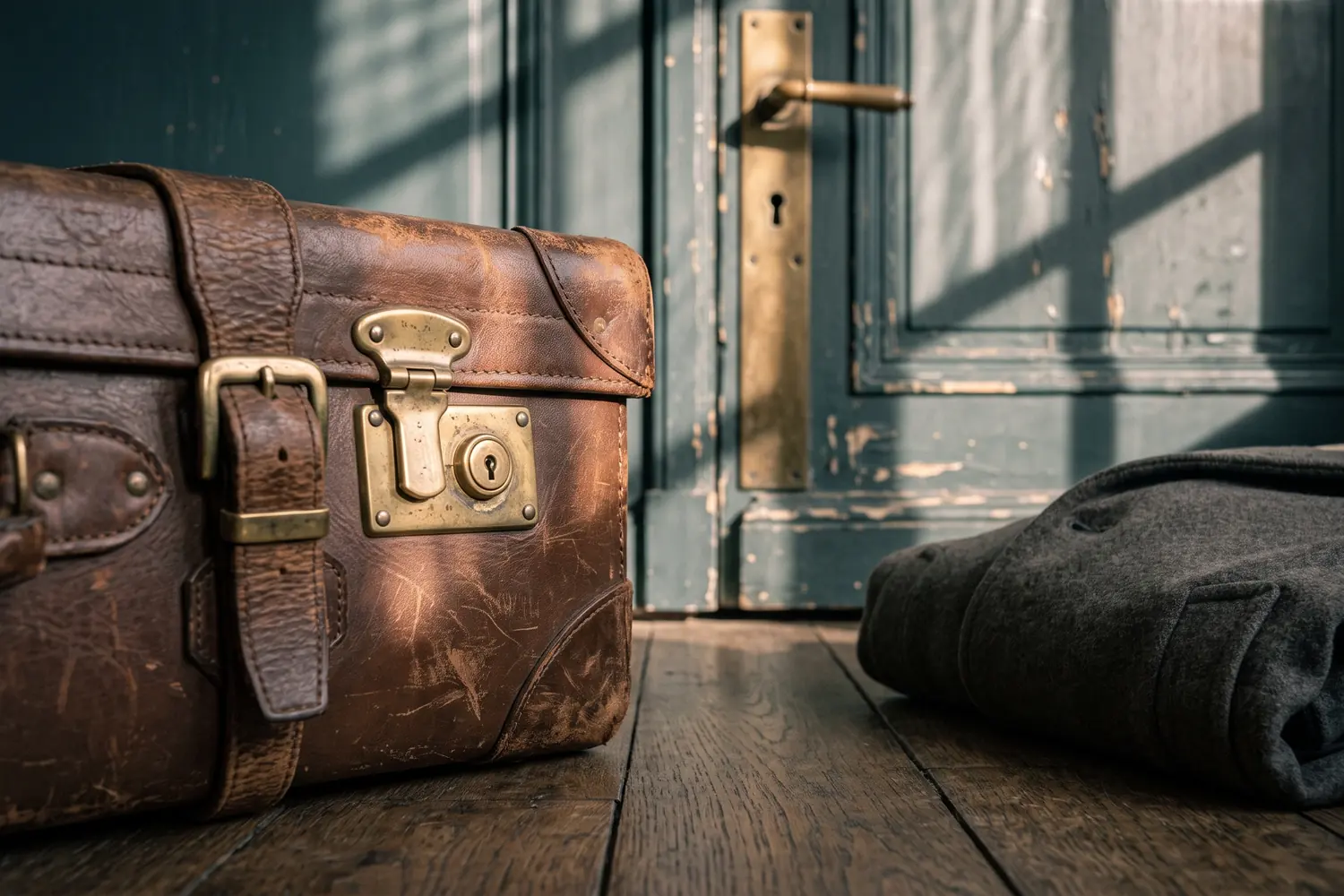 Coin d'une valise en cuir usée avec fermoirs en laiton, posée sur un plancher