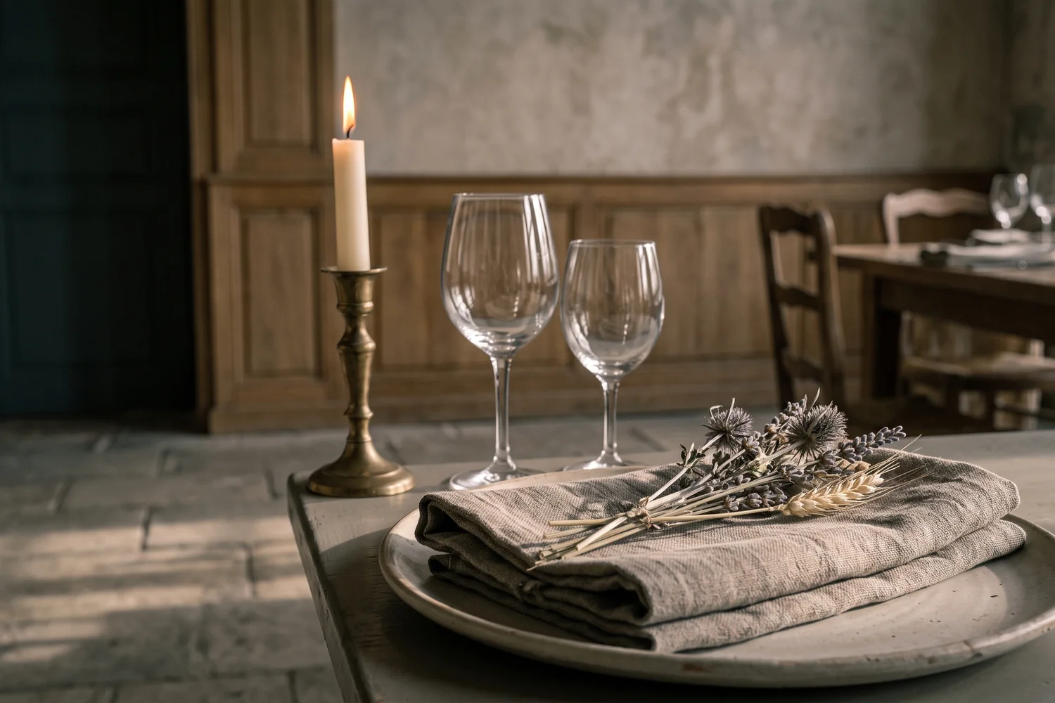 Détail d'un couvert dressé : serviette en lin, deux verres et une branche de fleurs séchées