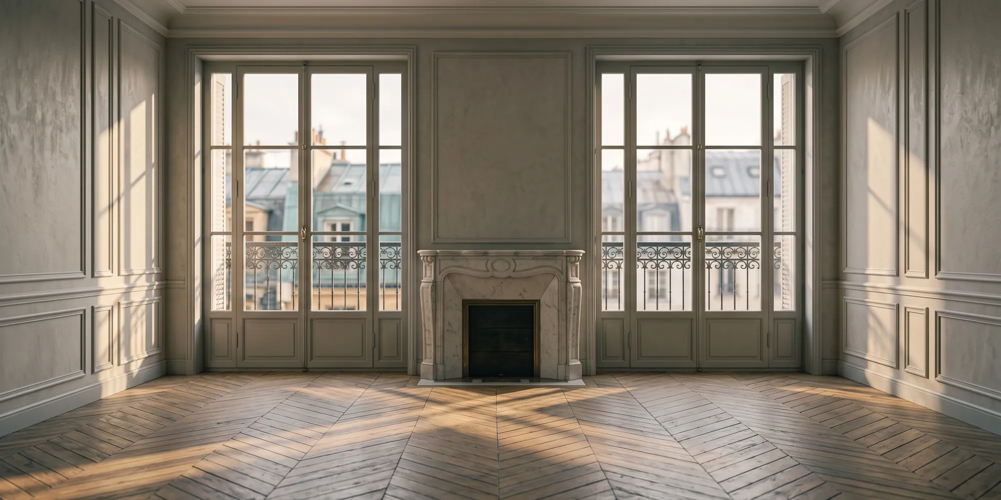Appartement parisien vide avant visite : parquet en point de Hongrie, cheminée en marbre