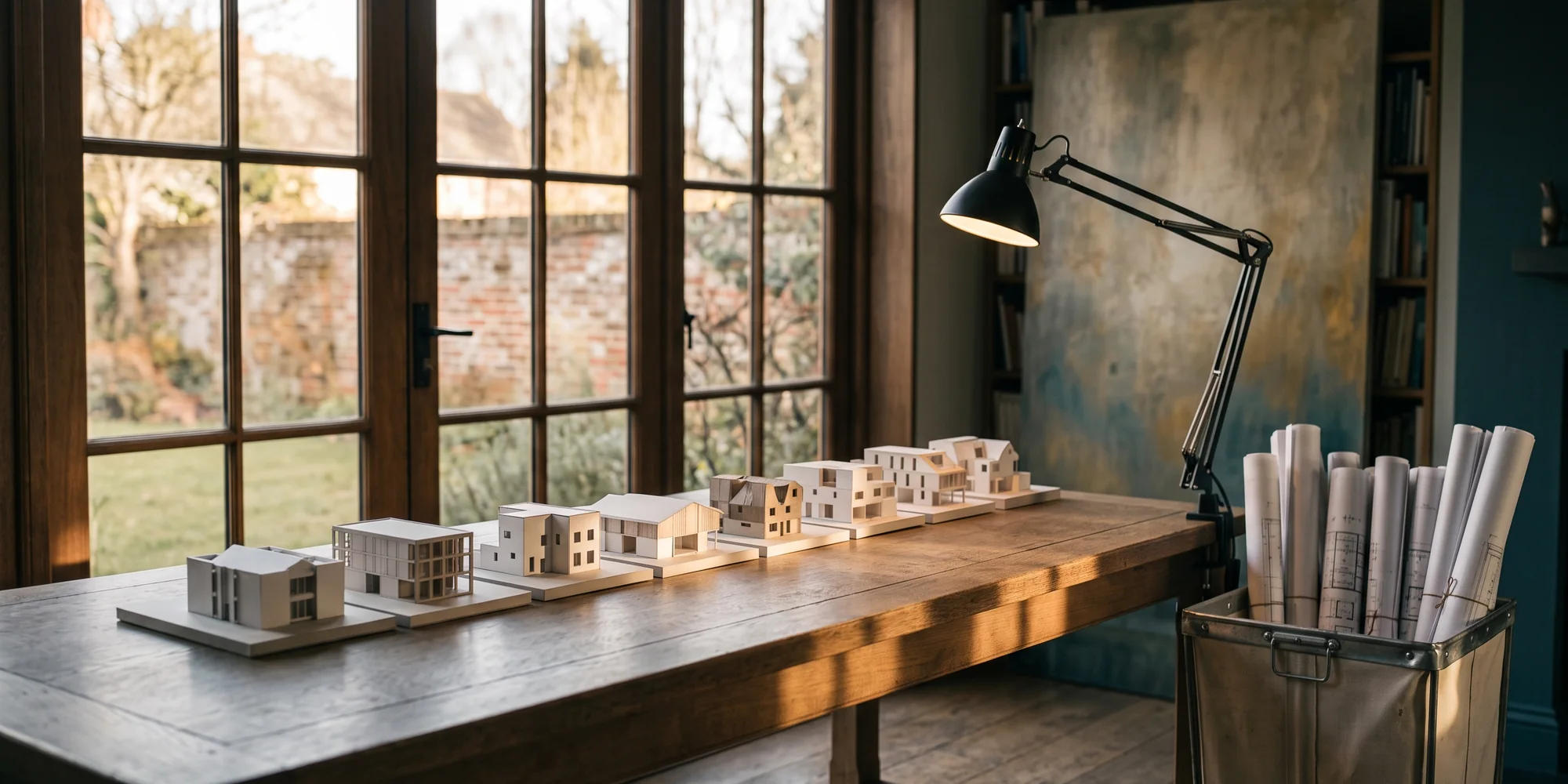 Atelier d'architecture : maquettes en carton blanc alignées sur une table, rouleaux de plans