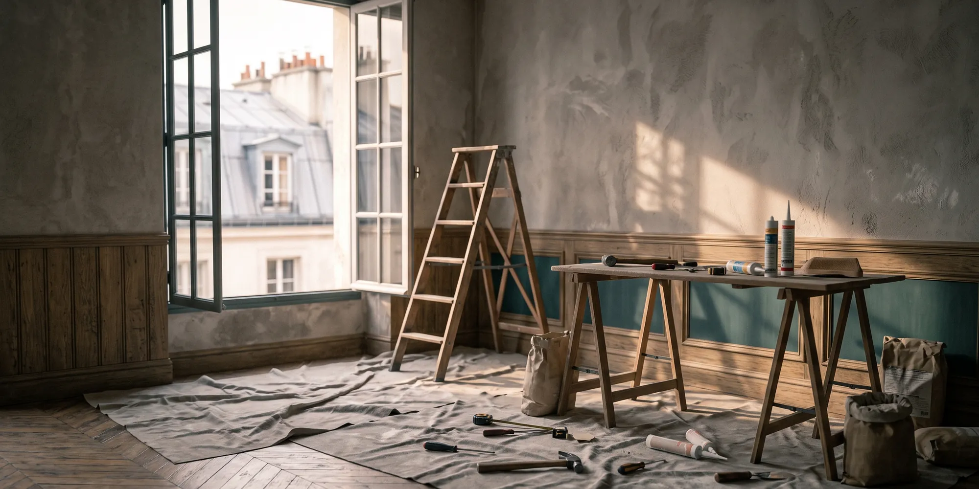 Appartement parisien en cours de rénovation, murs en plâtre nu, escabeau et bâches sur le parquet