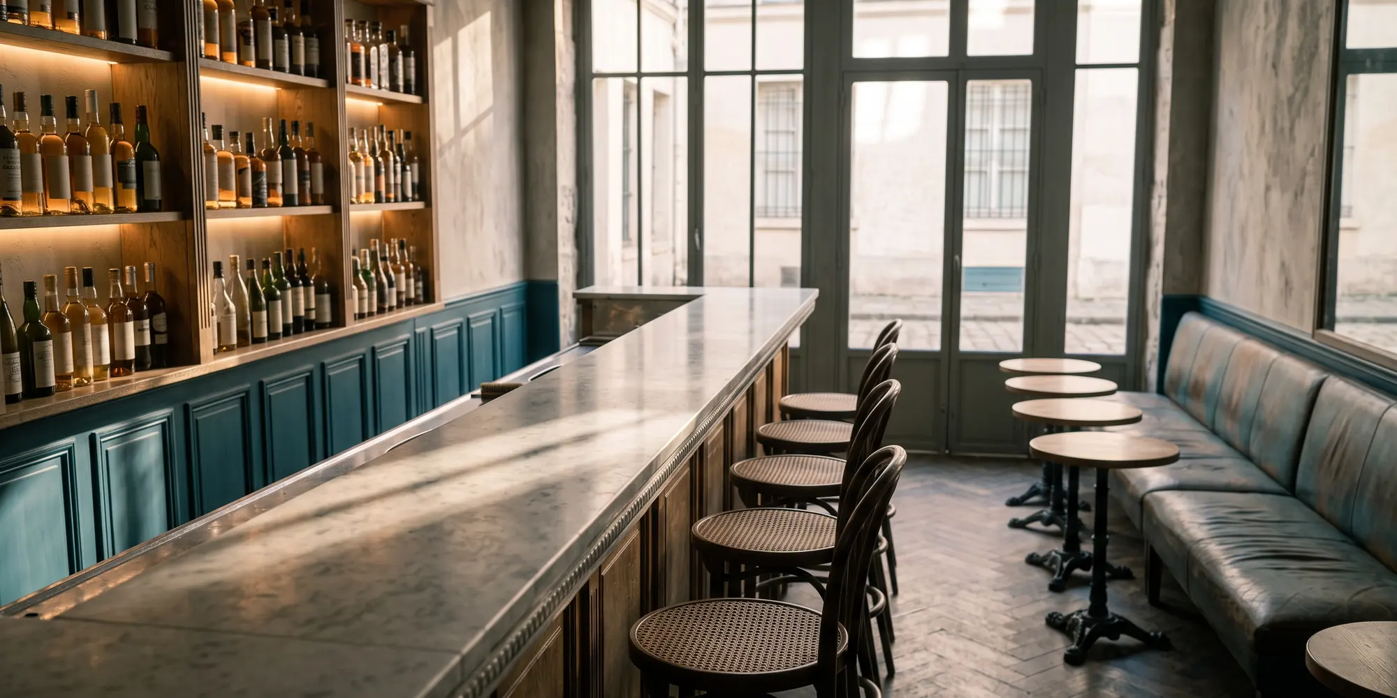 Comptoir en zinc d'un bar de quartier en fin d'après-midi, bouteilles à contre-jour sur des étagères