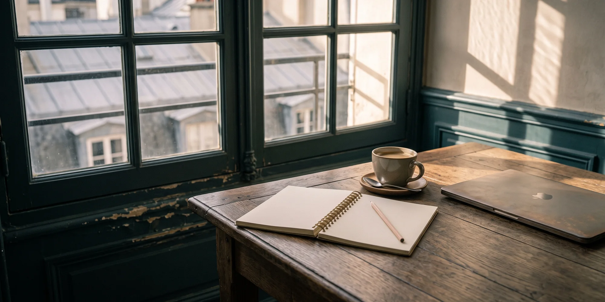 Bureau simple près d'une fenêtre, carnet ouvert aux pages blanches et tasse de café