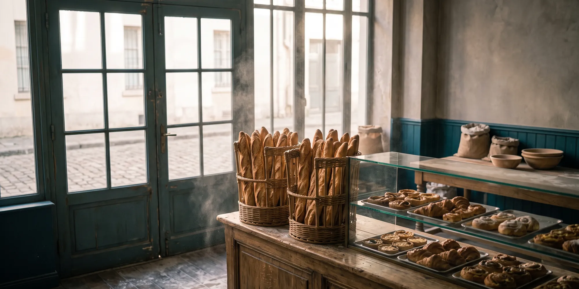 Intérieur d'une boulangerie au petit matin, baguettes en panier d'osier et vitrine de viennoiseries