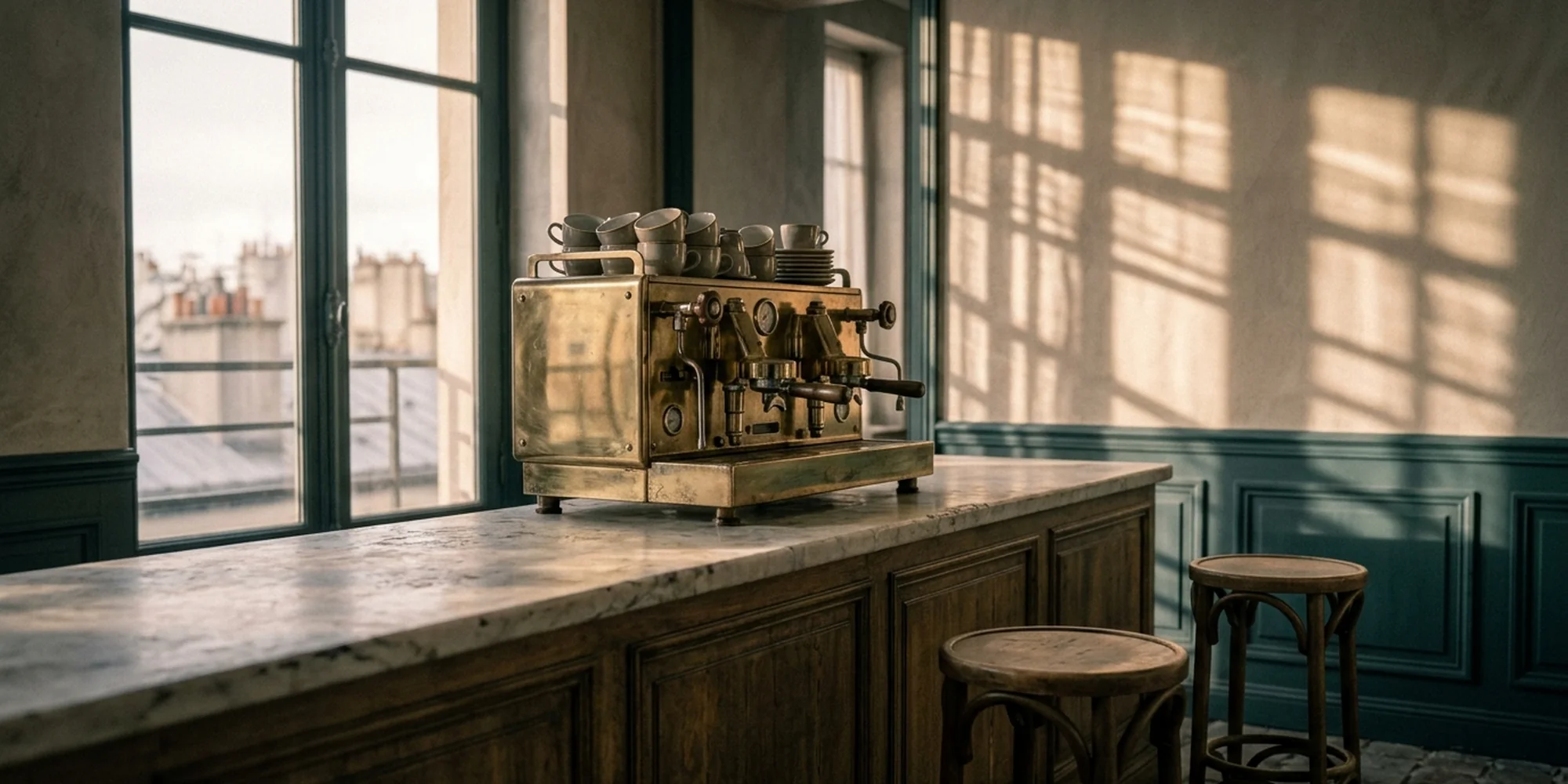 Comptoir d'un café parisien le matin, machine à espresso et tasses empilées sur le marbre