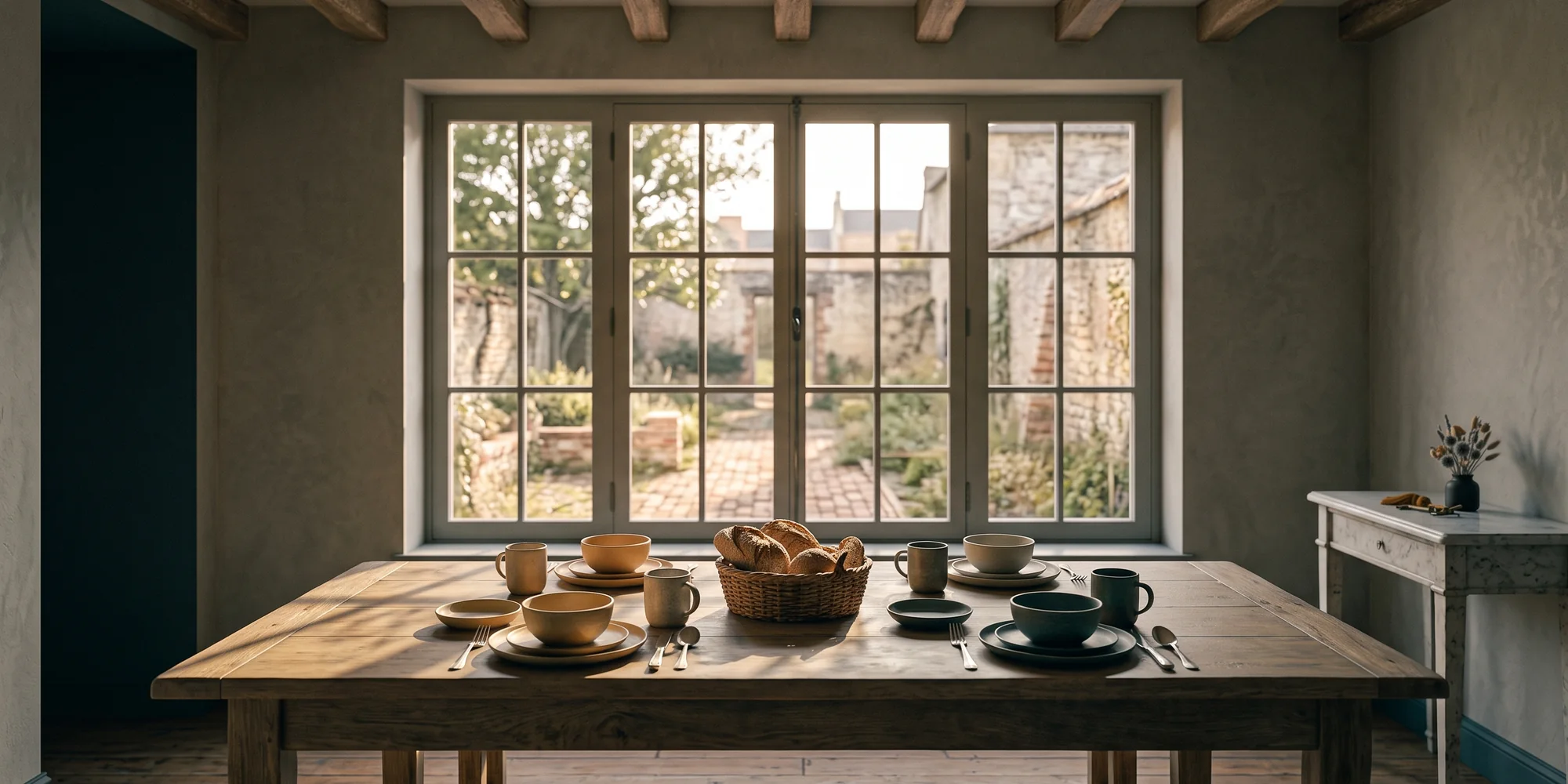 Salle de petit-déjeuner d'une maison d'hôtes, longue table de ferme dressée et fenêtre sur le jardin