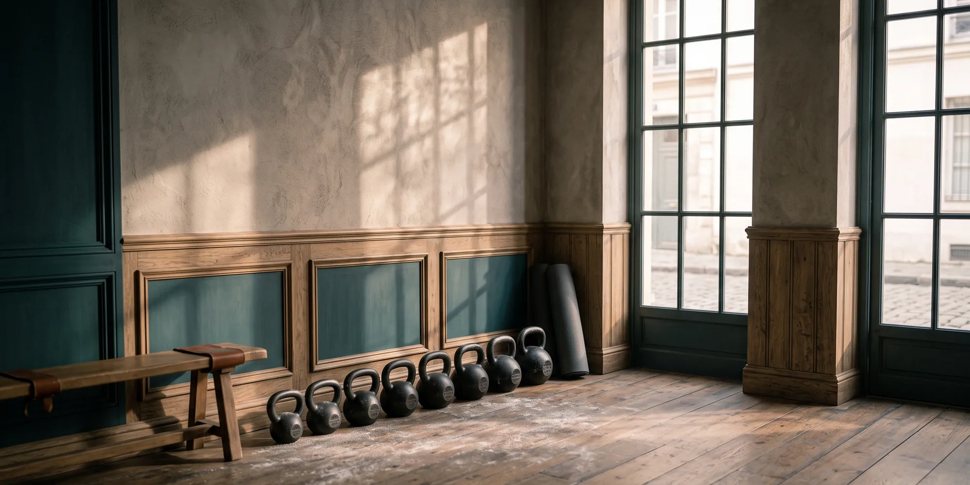 Petit studio d'entraînement, kettlebells alignés le long d'un mur et tapis roulé