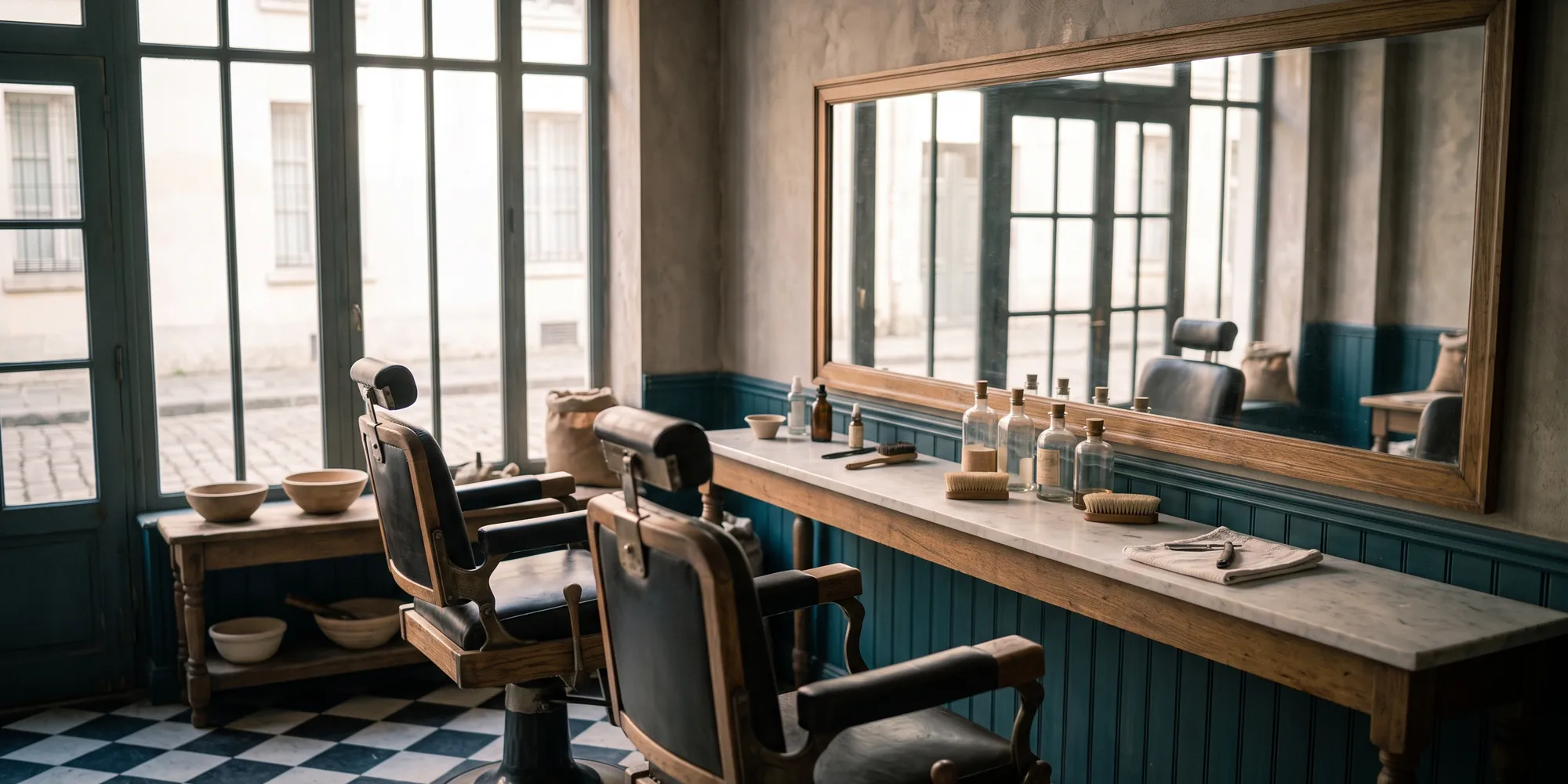 Salon avant l'ouverture, deux fauteuils face à un grand miroir et tablette de marbre
