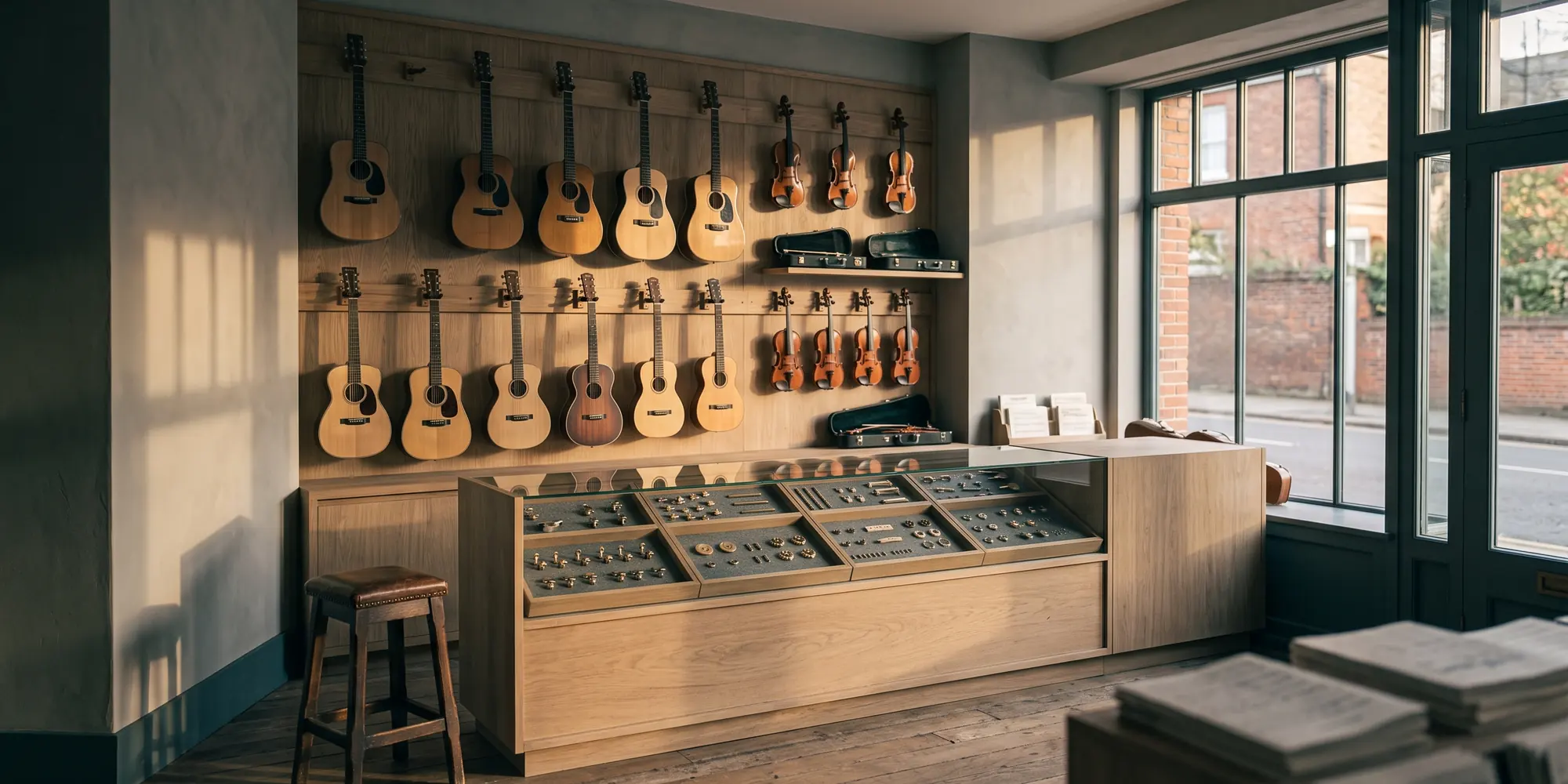 Intérieur d'un magasin d'instruments : guitares et violons alignés sur un mur en bois