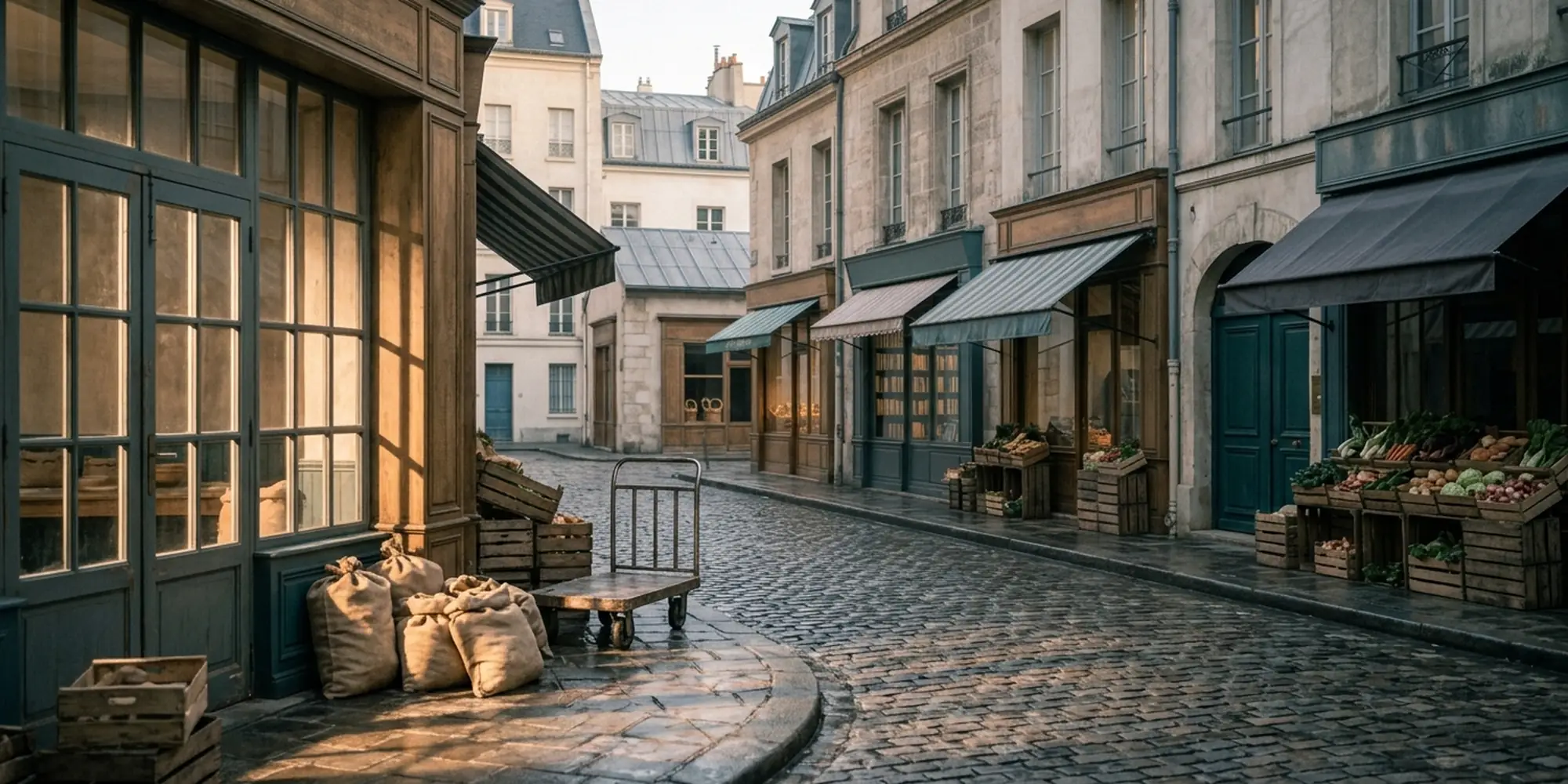 Rue de marché le matin, étals sous les auvents, cageots de légumes et pavés mouillés