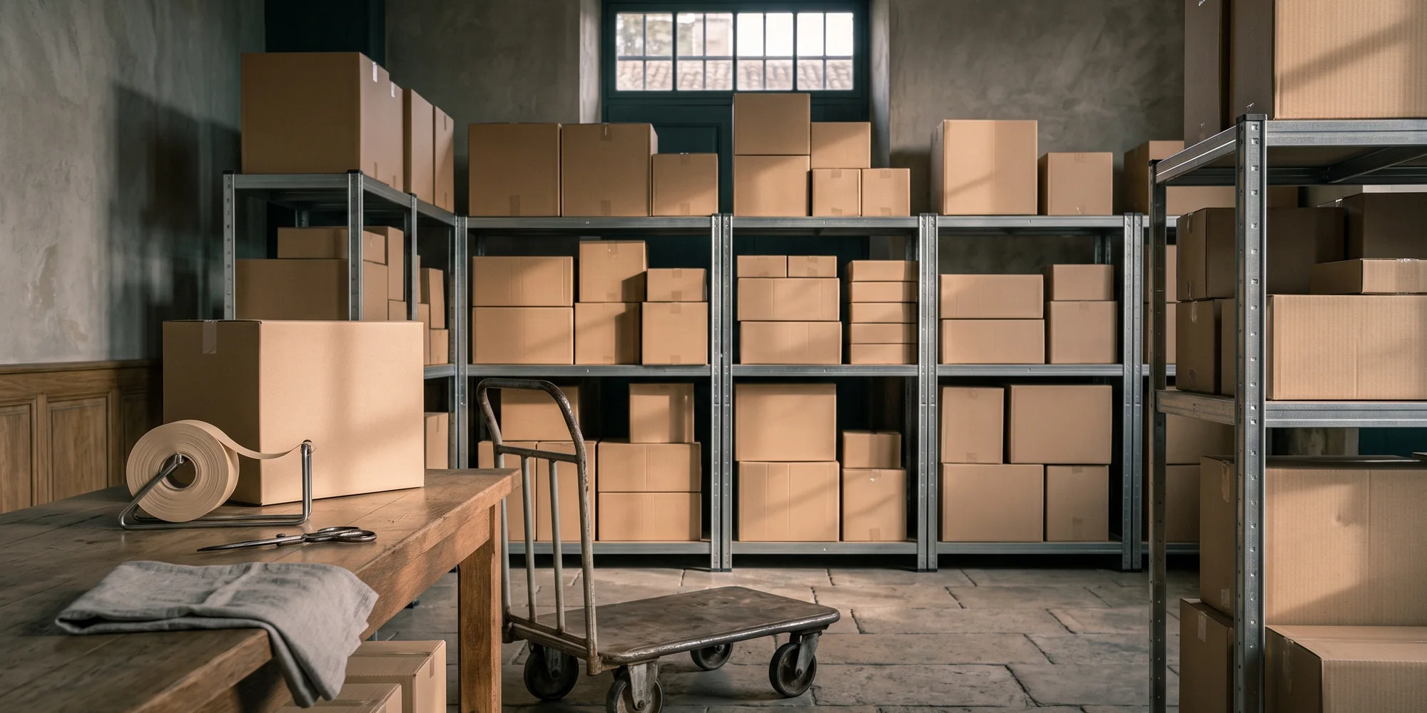 Zone d'expédition d'une boutique : cartons empilés par taille sur des étagères métalliques