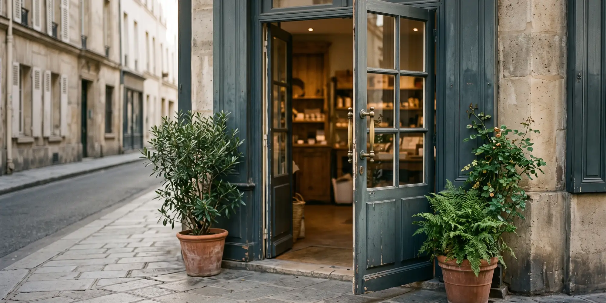 Devanture d'un commerce parisien vue depuis le trottoir, porte ouverte sur un intérieur chaleureux