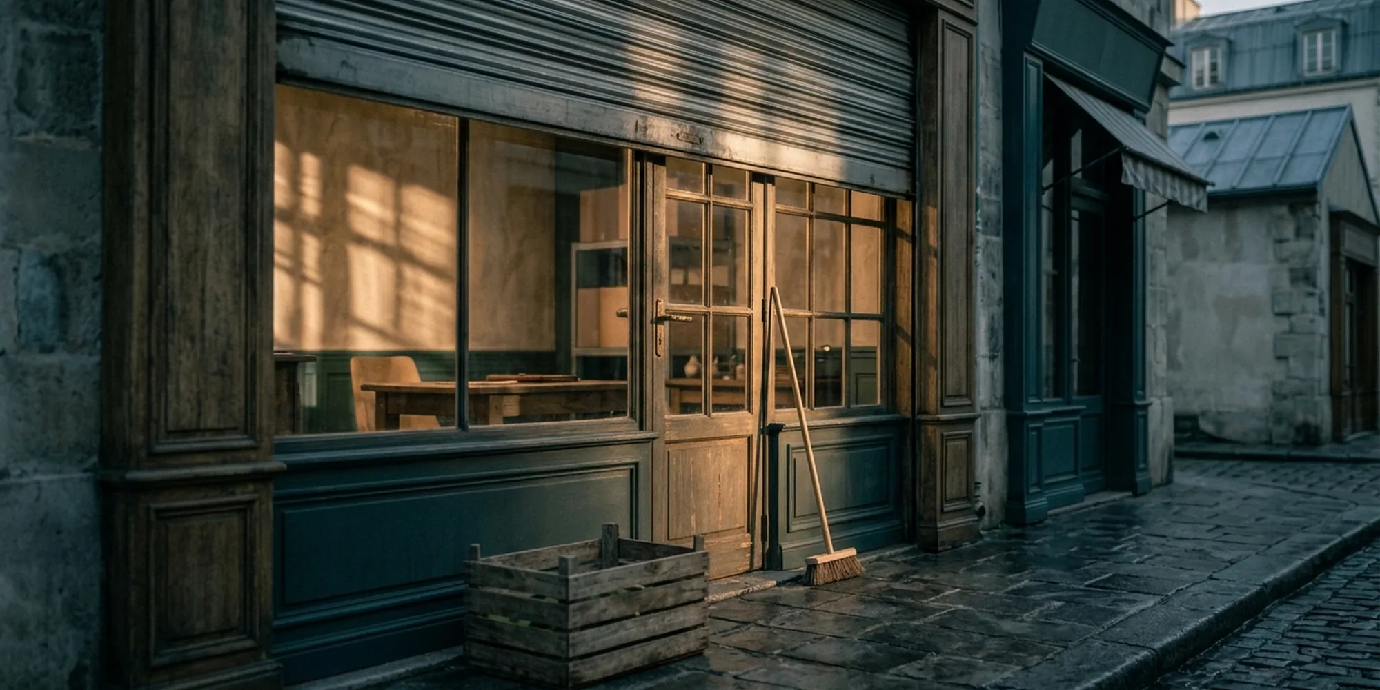 Devanture d'un commerce de quartier en fin de journée, store à moitié baissé, rue calme