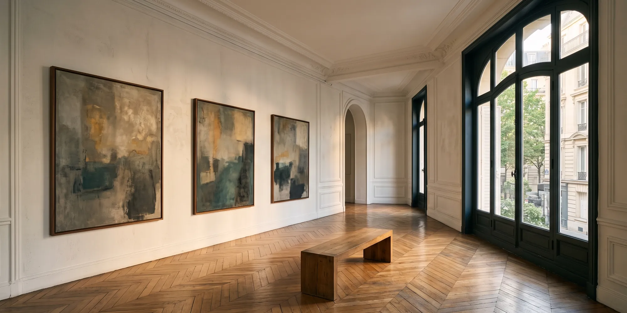 Salle d'exposition d'une galerie parisienne, cimaises et lumière naturelle rasante