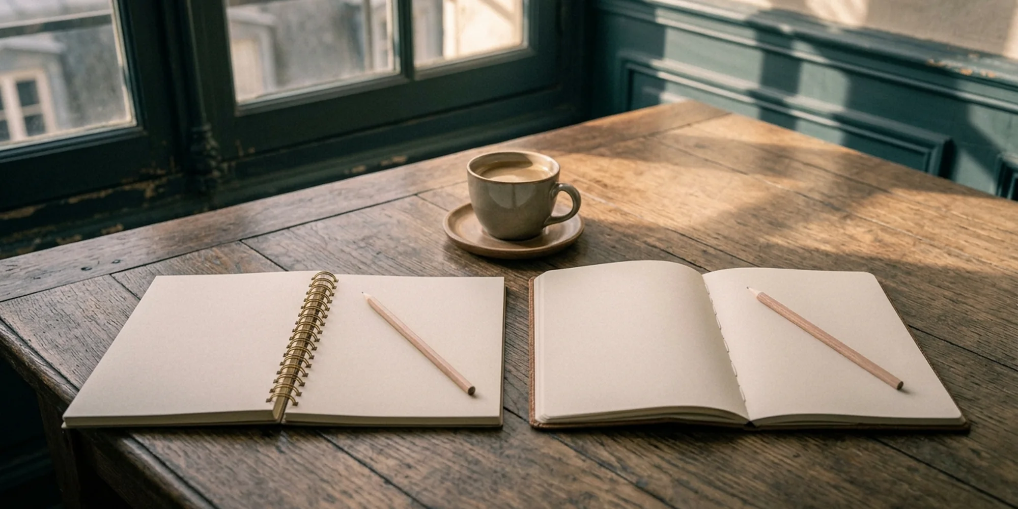 Bureau vu de haut avec deux carnets ouverts côte à côte, un crayon sur chacun