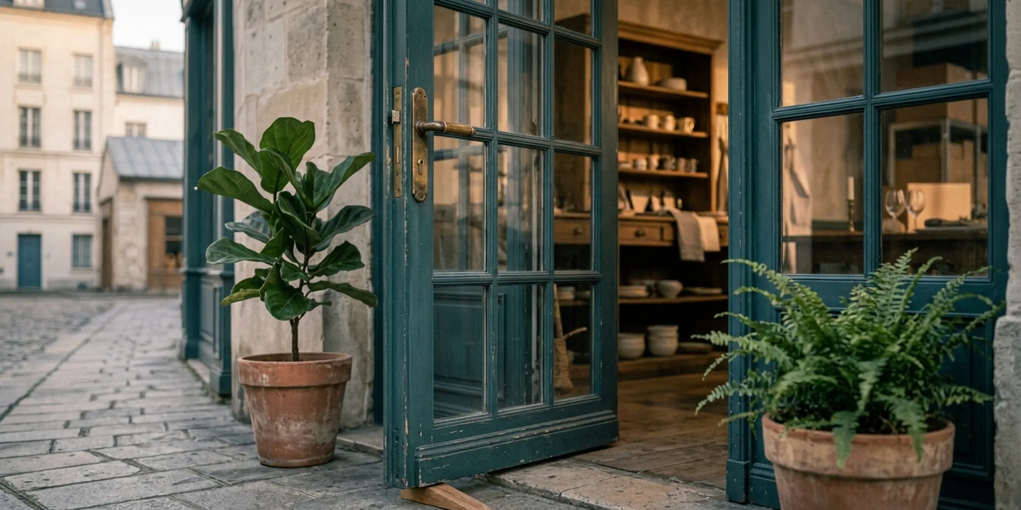 Porte d'un commerce indépendant vue depuis le trottoir, poignée de laiton et plantes en pot