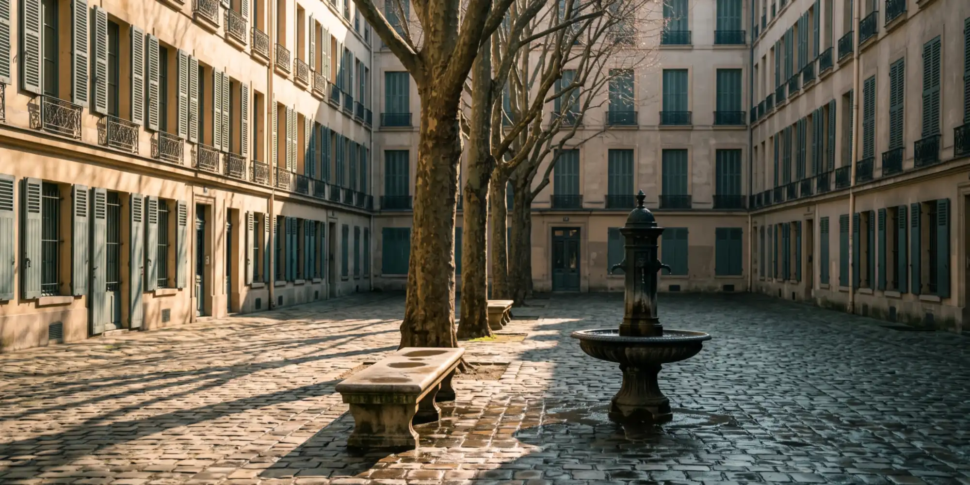Place parisienne déserte au petit matin, platanes, banc de pierre et fontaine sur pavés mouillés