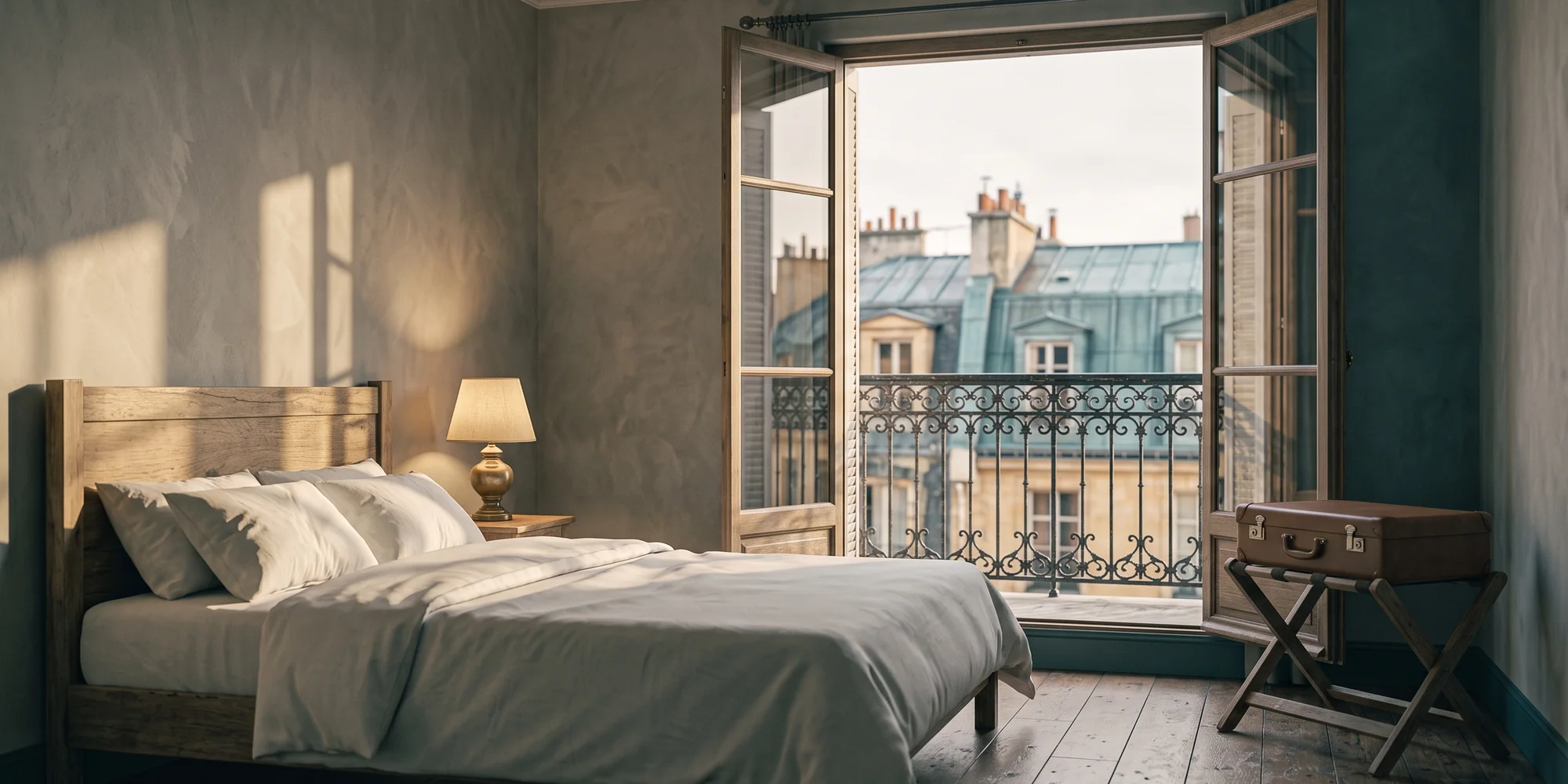 Chambre d'un petit hôtel parisien, linge blanc et porte-fenêtre ouverte sur les toits