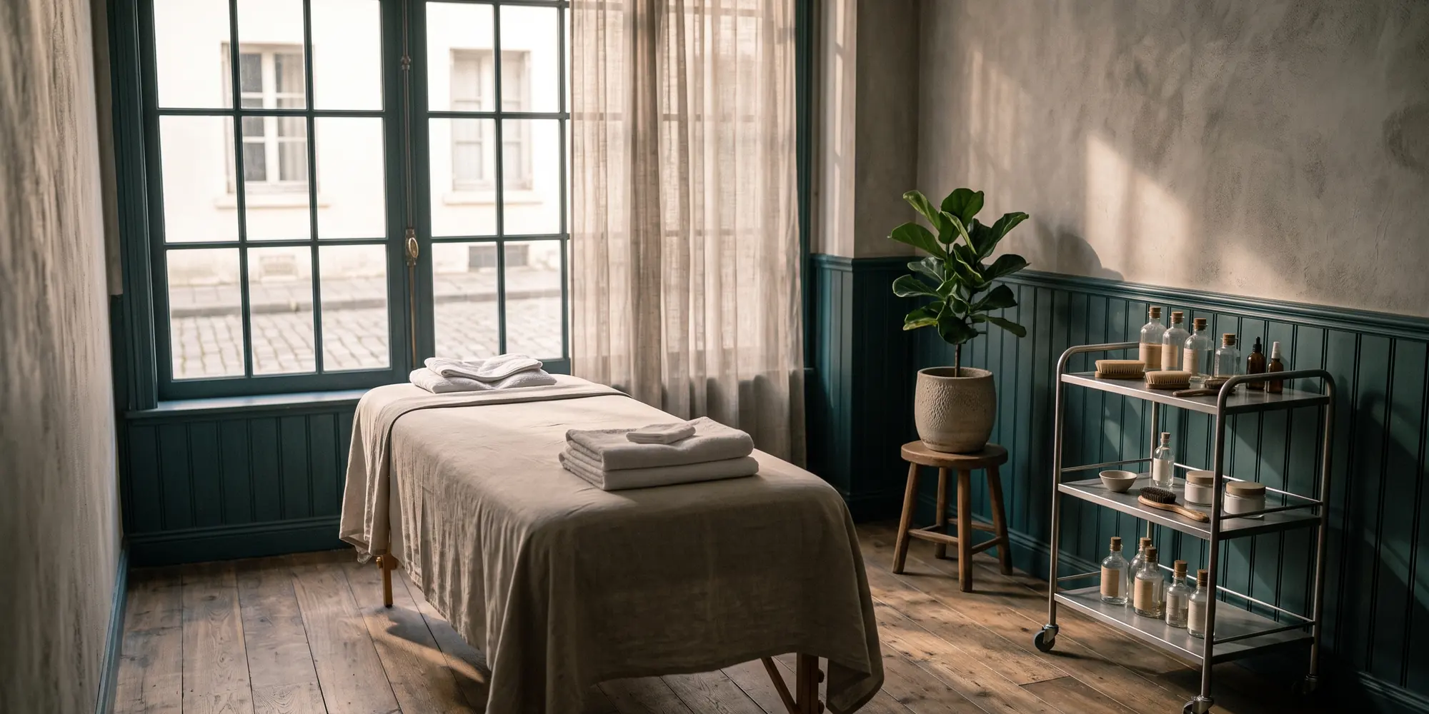 Cabine de soin d'un petit institut, table préparée avec des serviettes pliées et chariot d'appoint