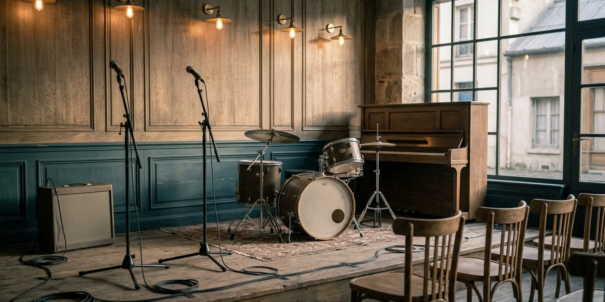 Petite scène de bar avant le concert, instruments installés et éclairage chaud