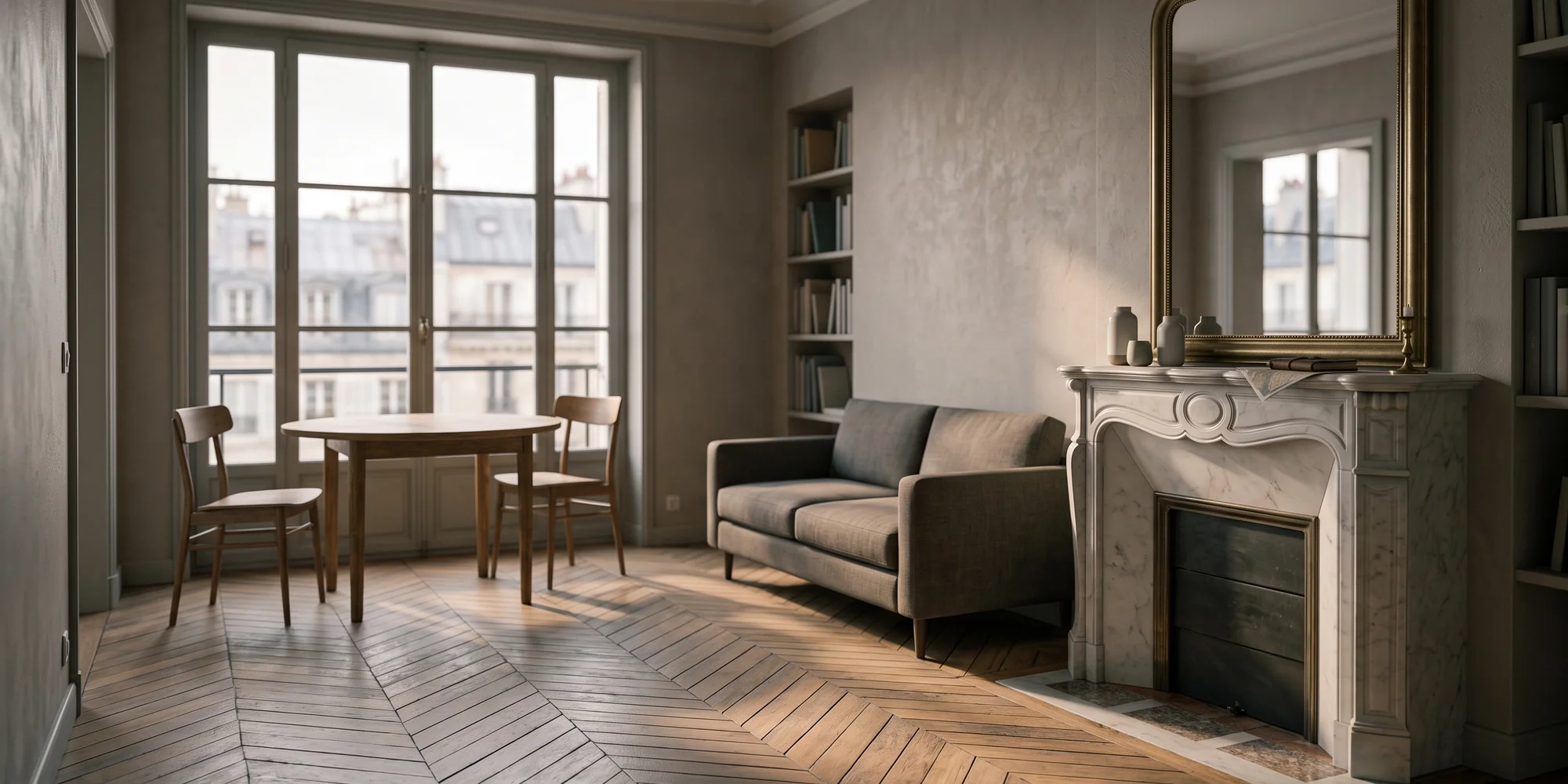 Séjour d'un appartement meublé parisien, parquet en point de Hongrie et table ronde près de la fenêtre