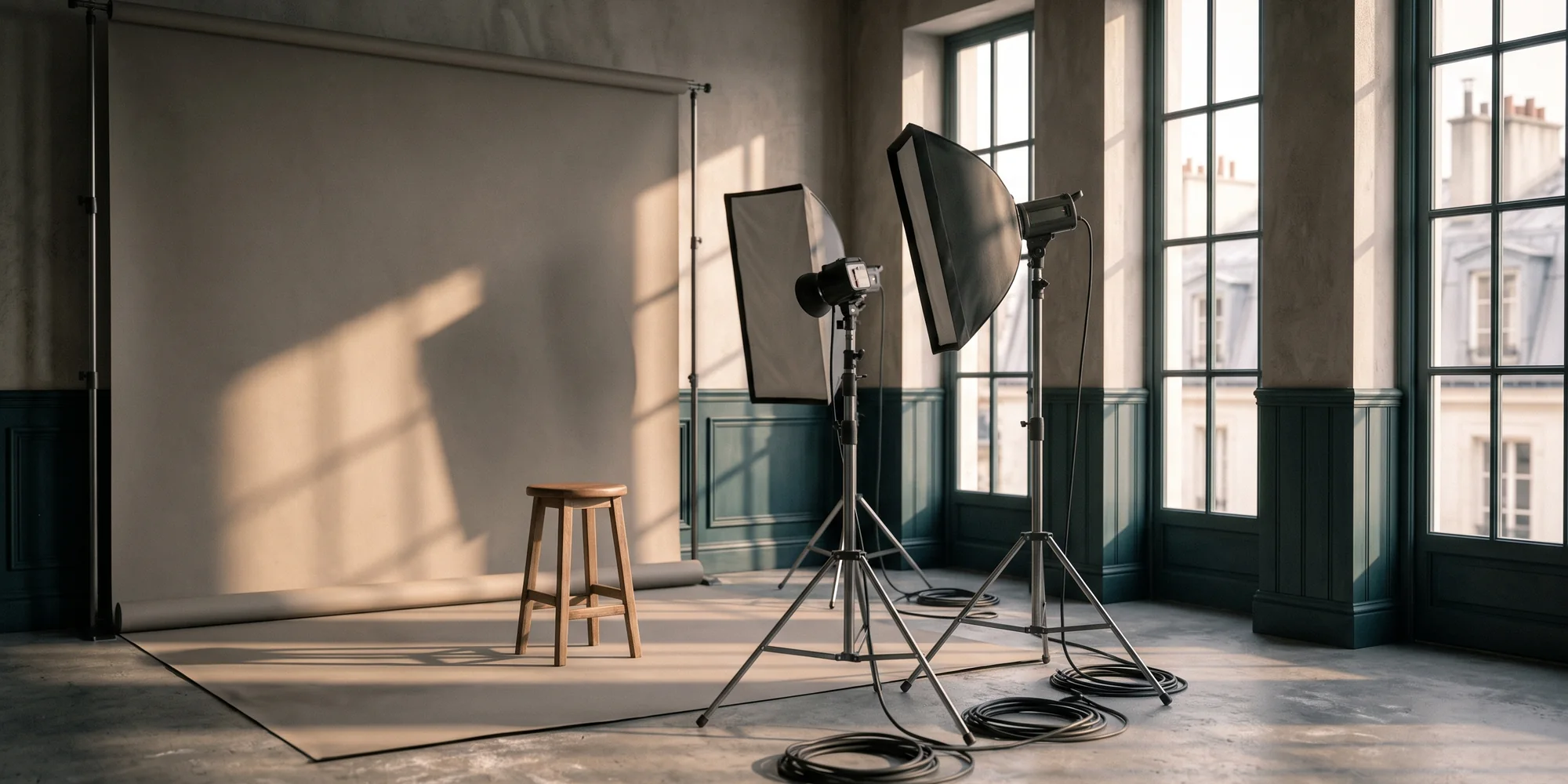 Studio photo avec fond de papier déroulé, deux sources lumineuses sur pieds et câbles rangés