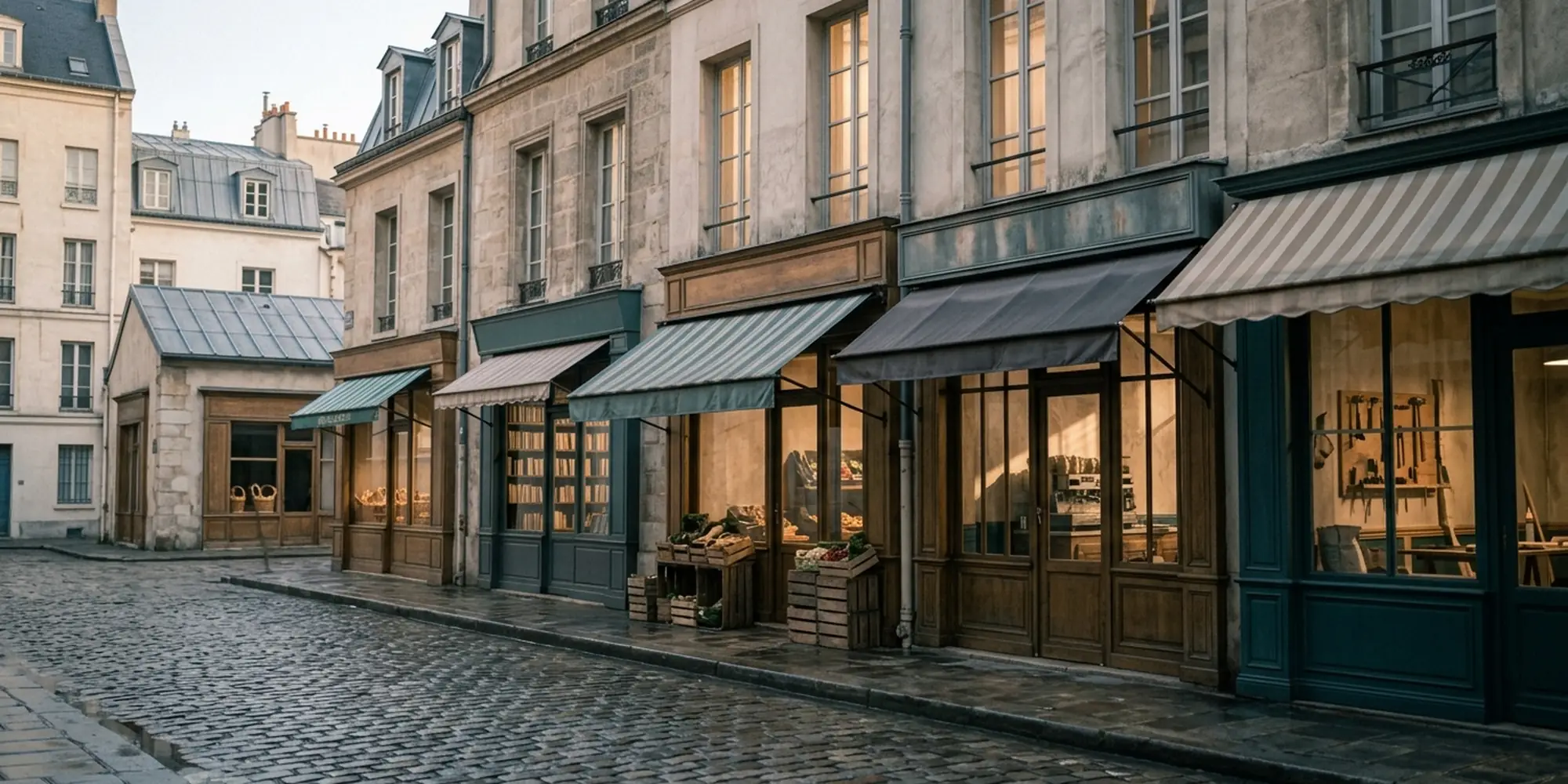 Rue parisienne au petit matin, devantures de commerces indépendants, trottoir désert