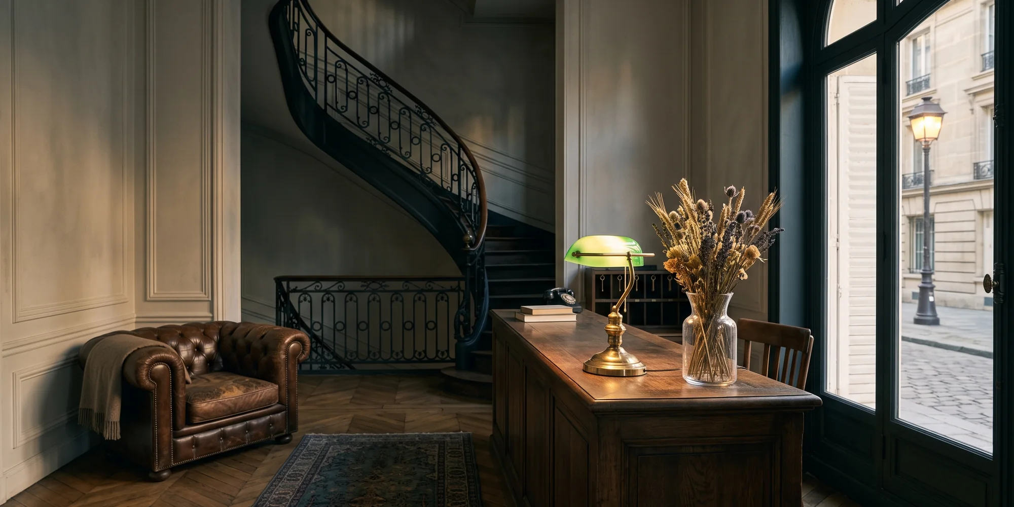 Comptoir de réception d'un hôtel indépendant parisien en fin de journée