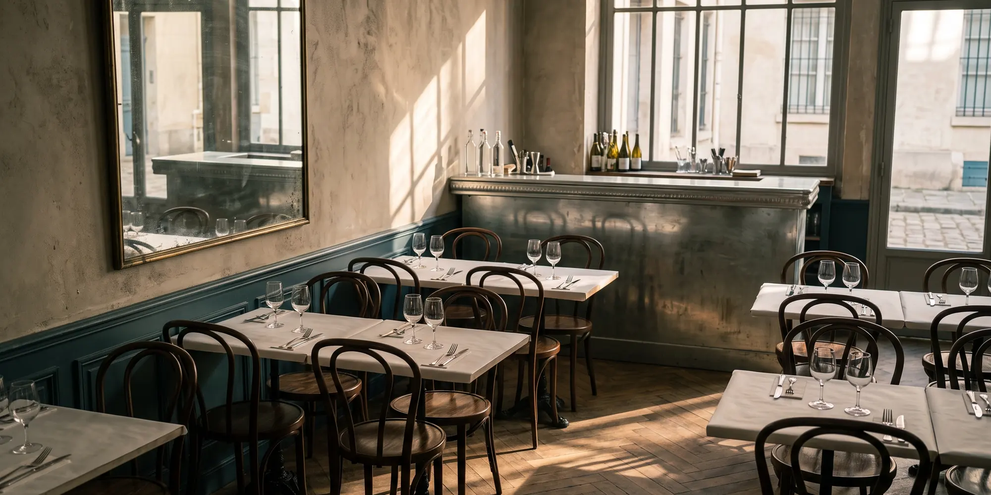 Salle de bistrot avant le service, chaises en bois courbé et tables dressées